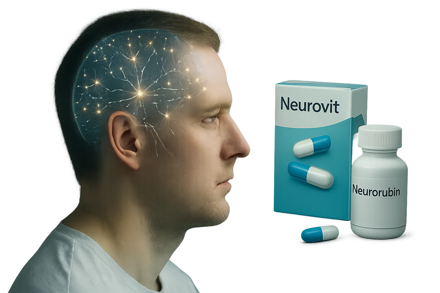Egy férfi profilja látható, akinek agyában idegsejtek fénylenek, mellette étrend-kiegészítők.