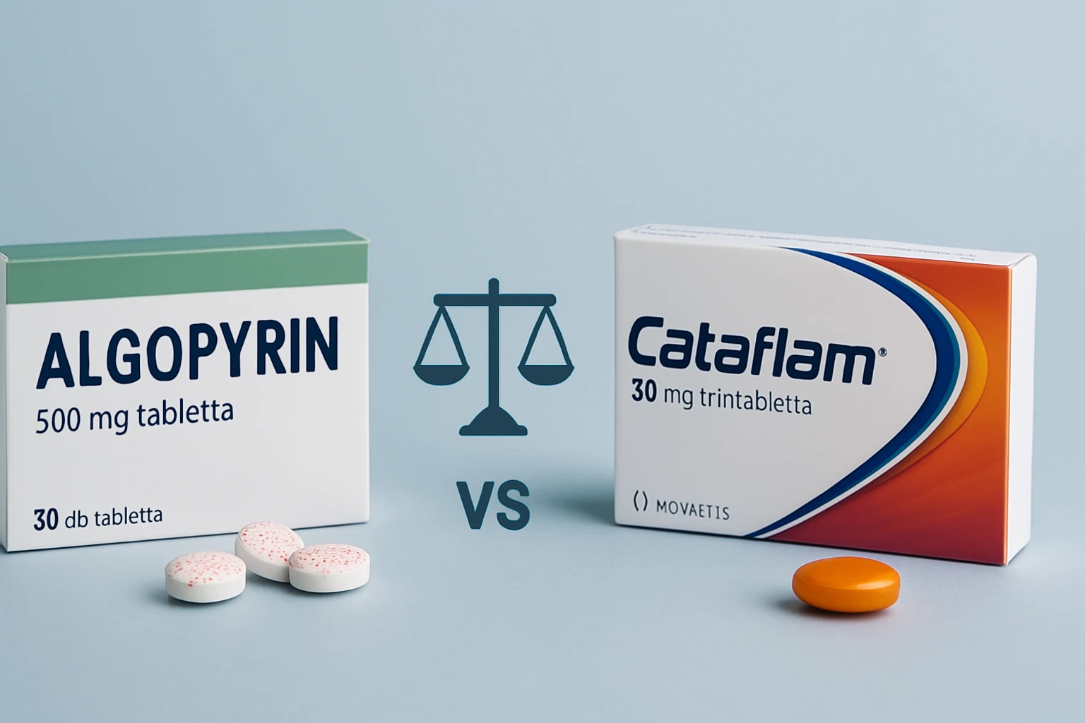 Algopyrin és Cataflam gyógyszerek dobozai, mellette tabletták.