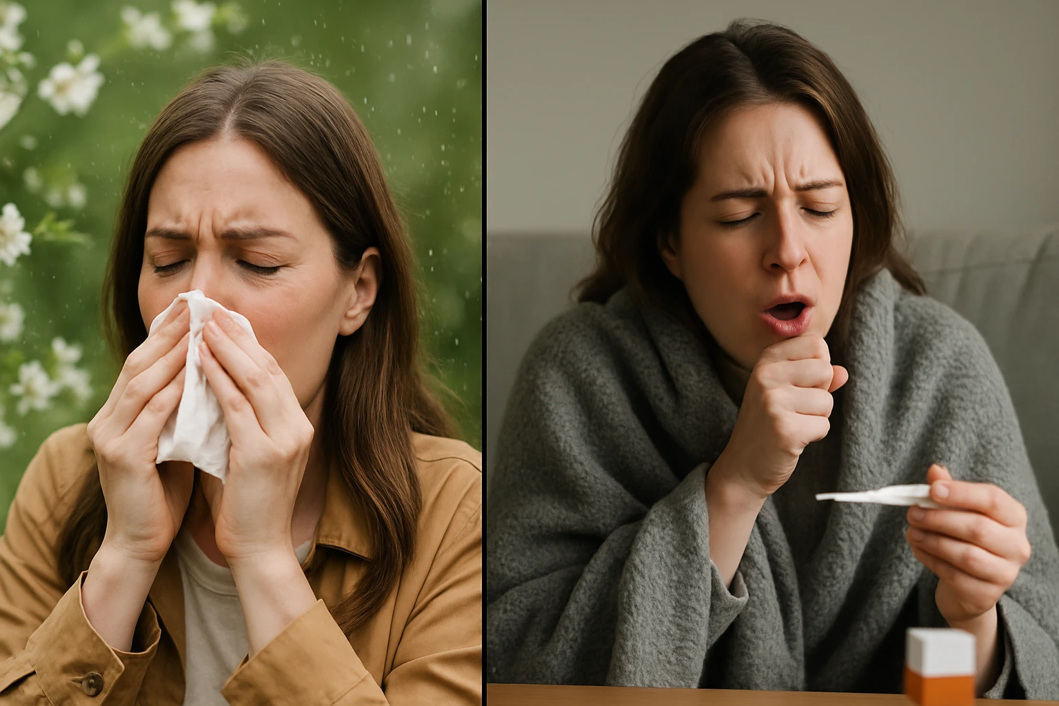 Egy nő zsebkendőt használ, miközben allergiás tünetei vannak a természetben.