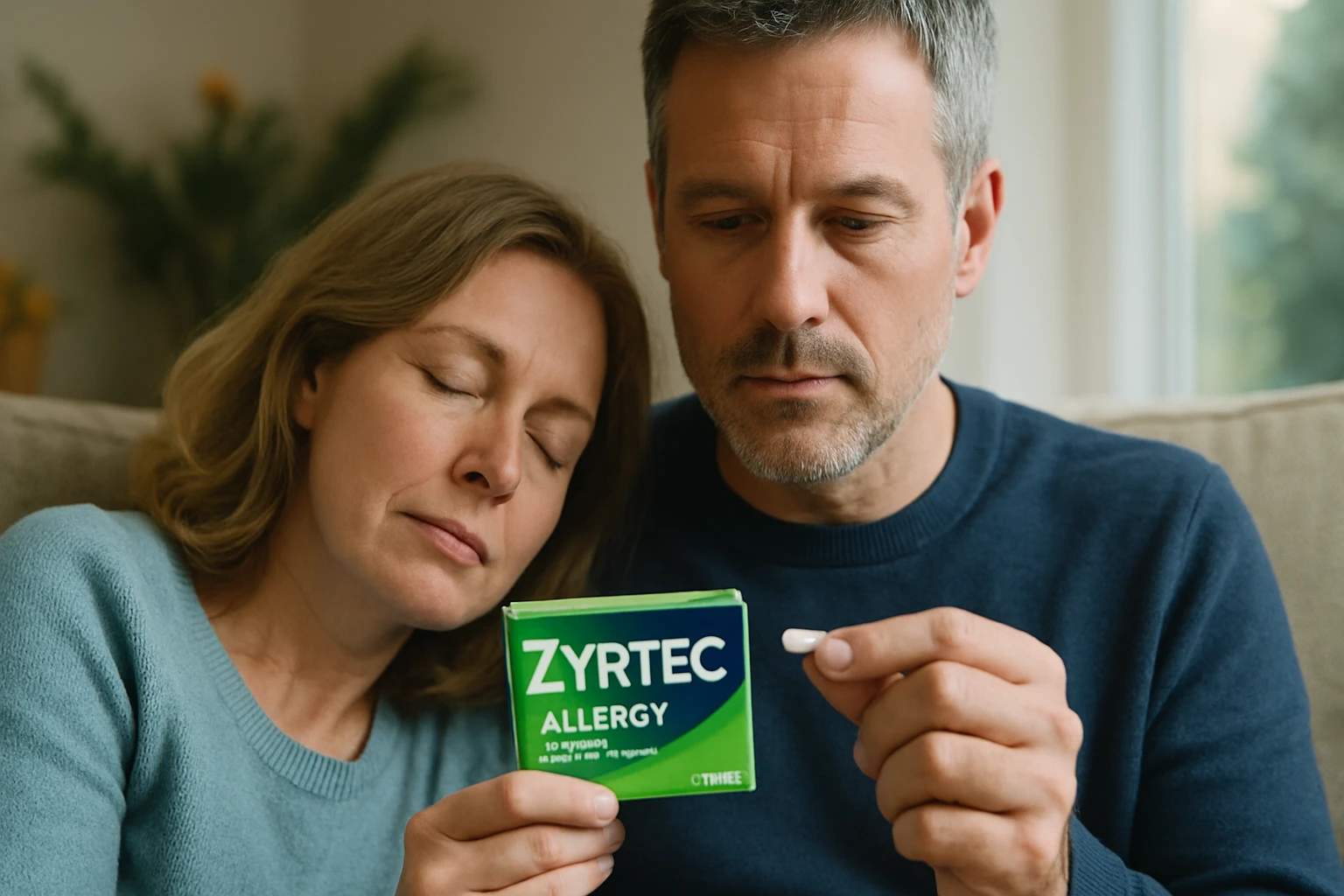 Egy pár ül a kanapén, a nő a férfi vállán pihen, kezükben allergiaellenes gyógyszer.