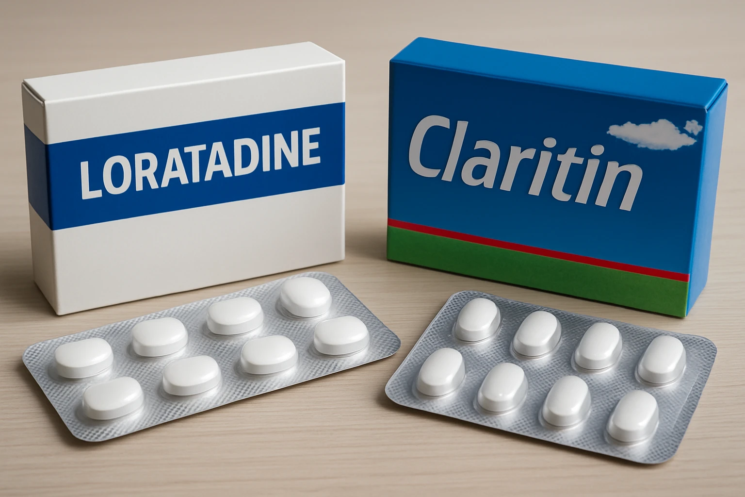 Két doboz allergiaellenes gyógyszer, Loratadine és Claritin, fehér tablettákkal.