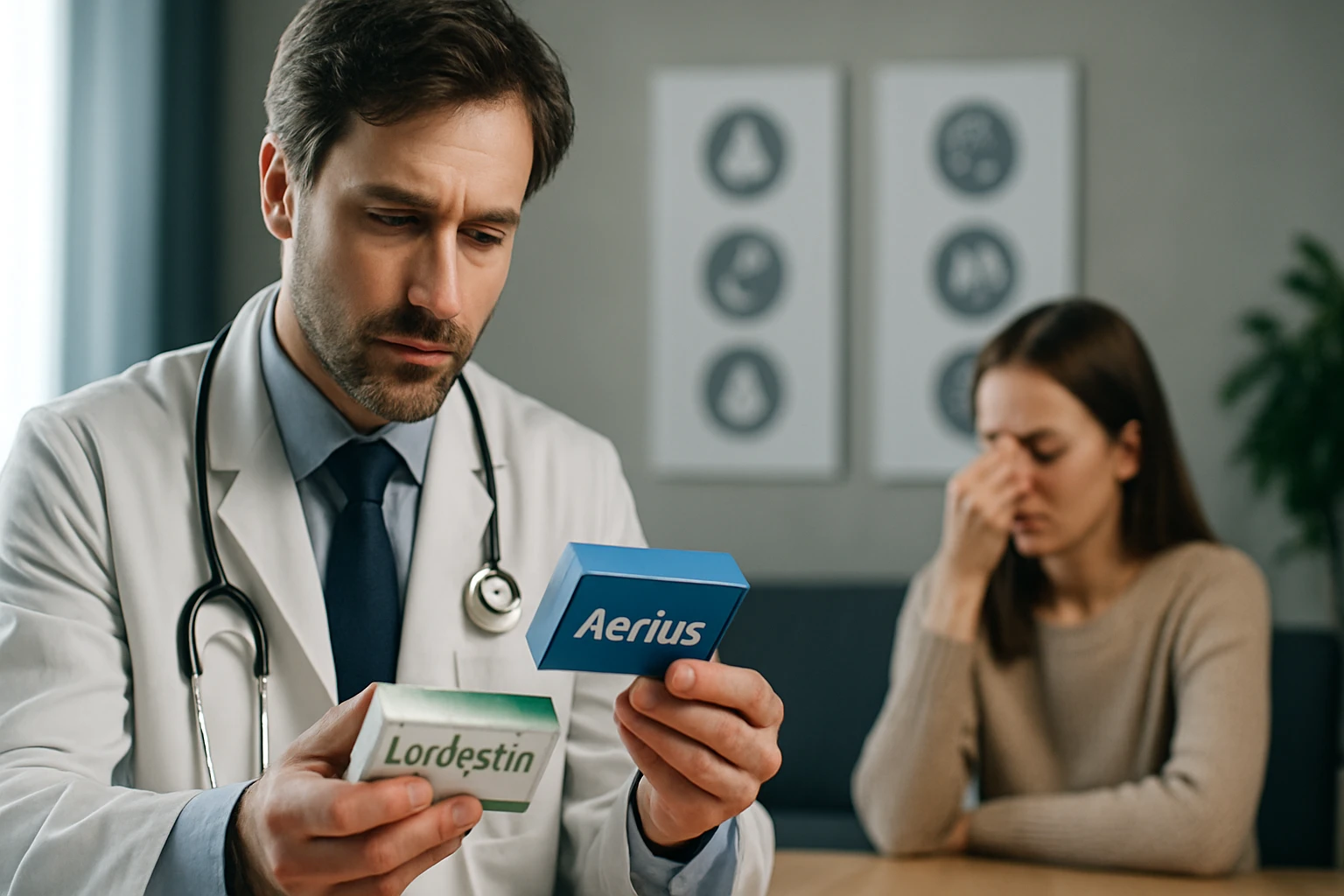 Egy orvos két allergiaellenes gyógyszert, a Lordestint és az Aeriust vizsgálja, miközben egy beteg nő aggodalommal figyeli.