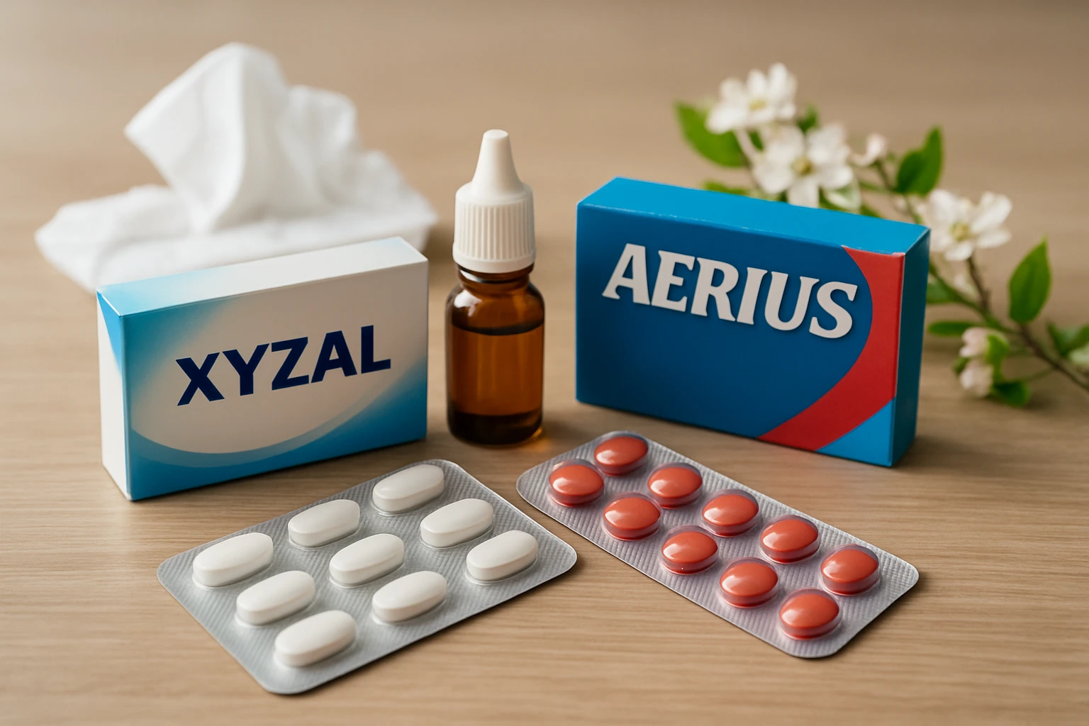 Különböző allergiaellenes gyógyszerek, köztük Xyzal és Aerius, asztali felületen.