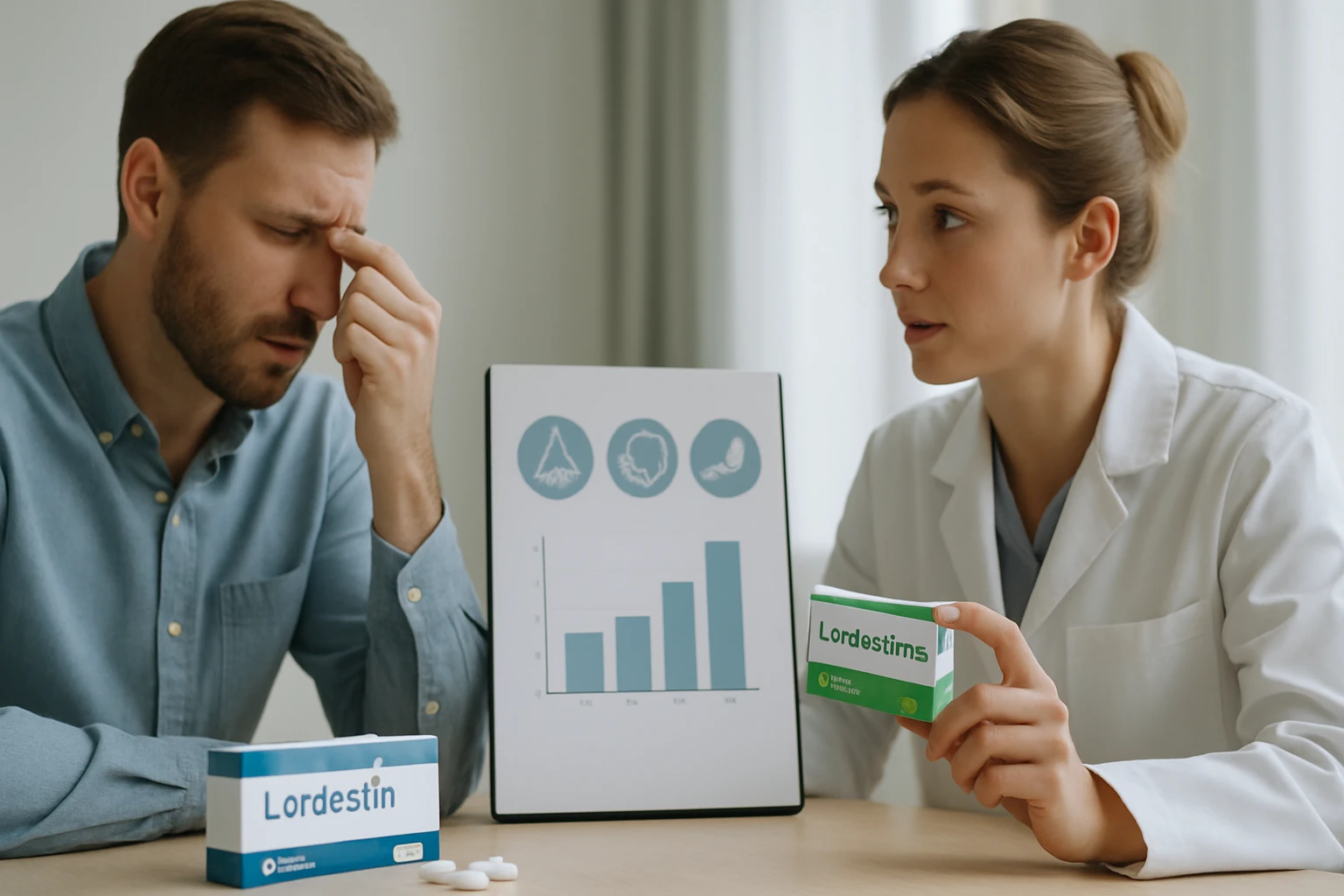 Egy orvos tanácsot ad egy betegnek, aki allergiás tünetekkel küzd.