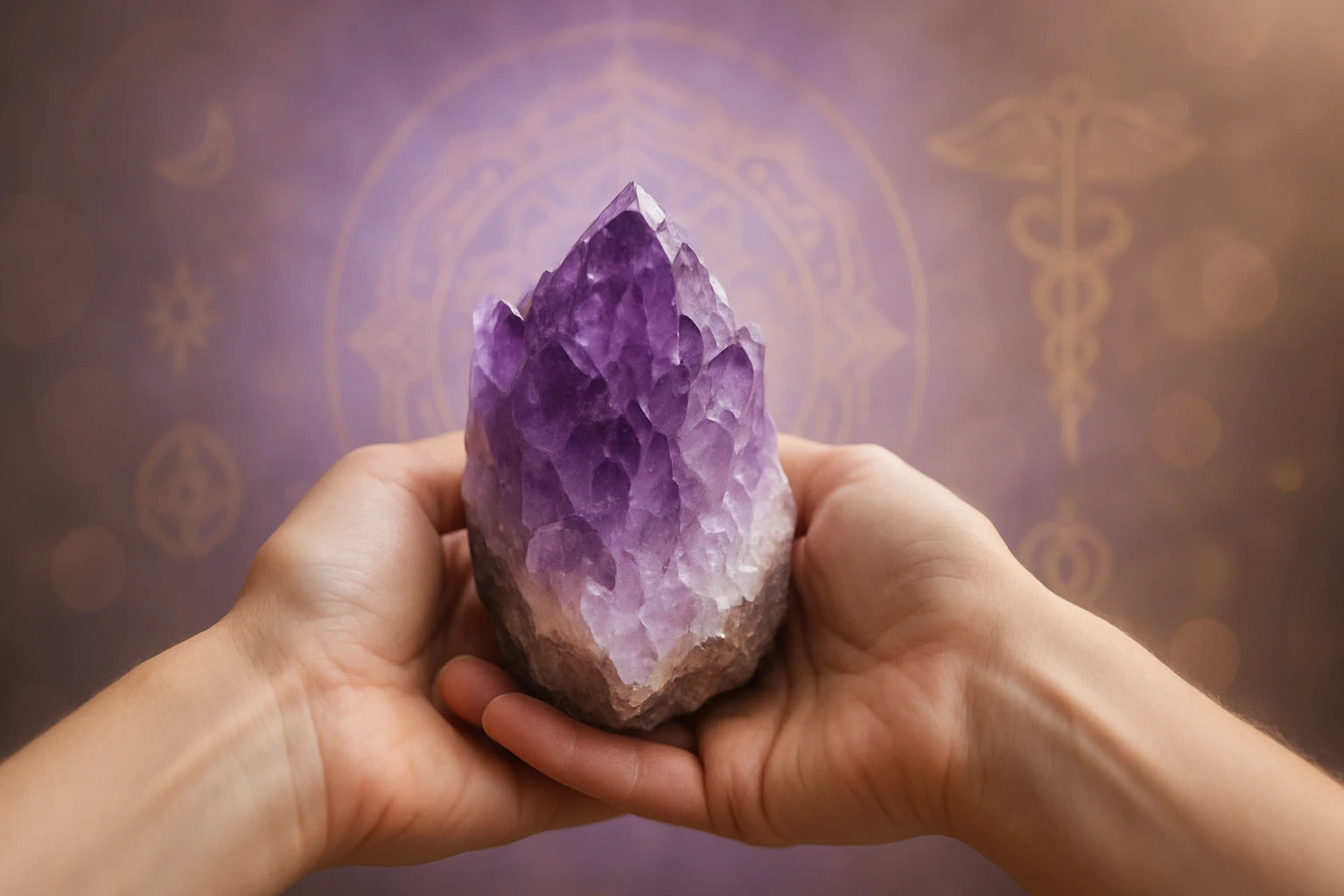 Két kézben tartott ametiszt kristály, lila színű, csillogó felülettel.