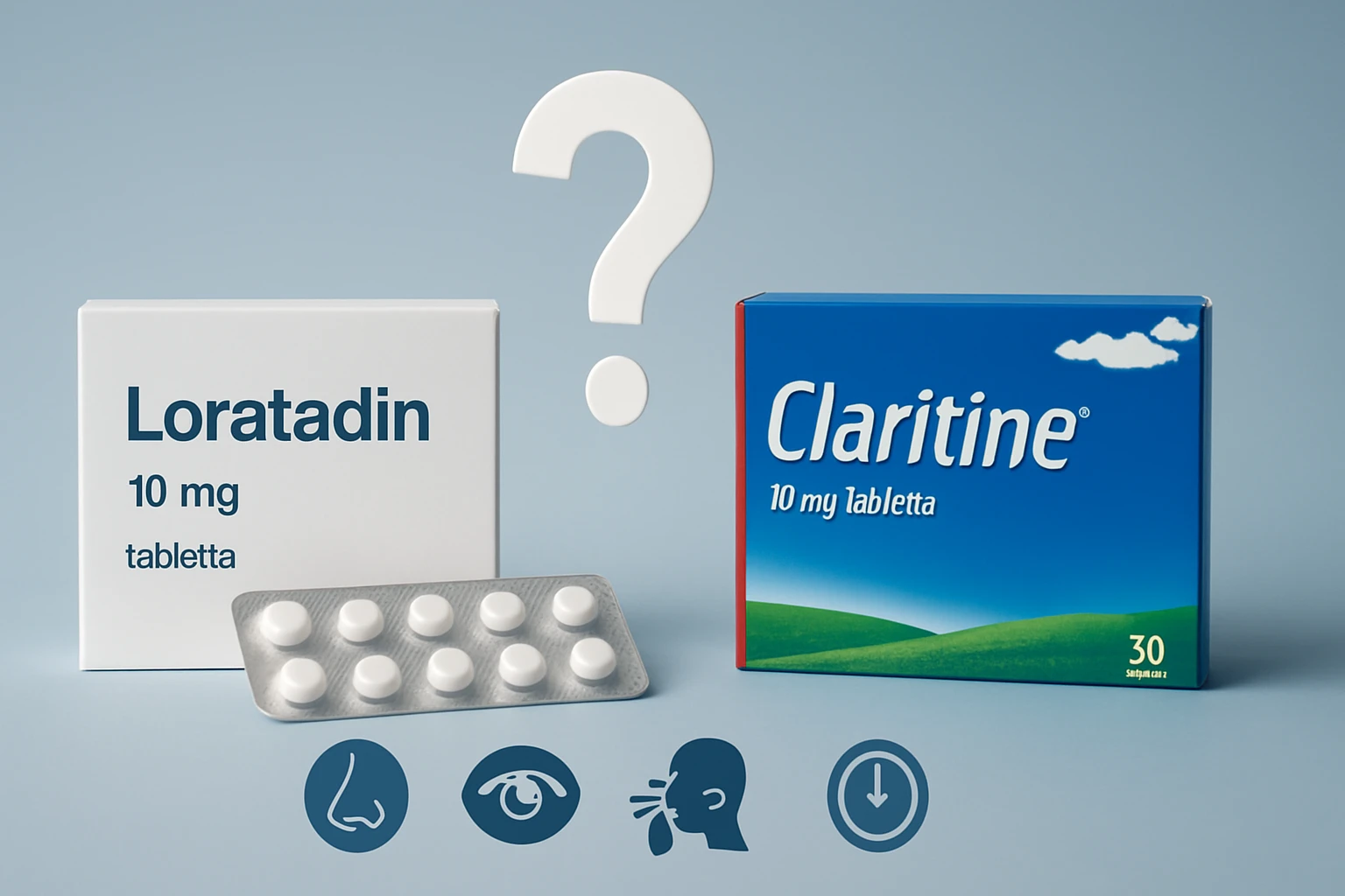 Két antihisztamin gyógyszer, Loratadin és Claritine, fehér tablettákkal.