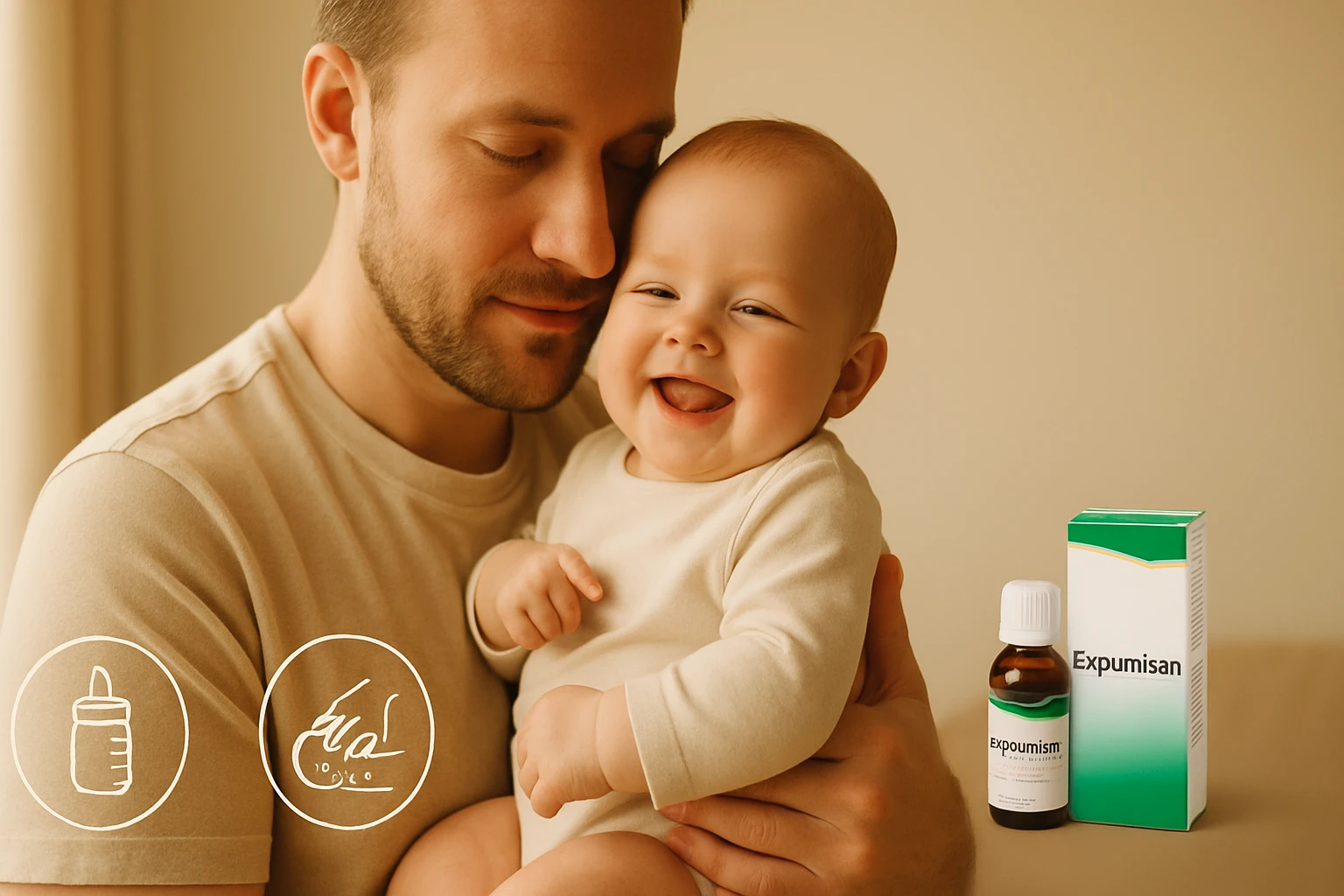 Egy apa ölel egy mosolygó babát, mellettük Expumisan gyógyszer látható.