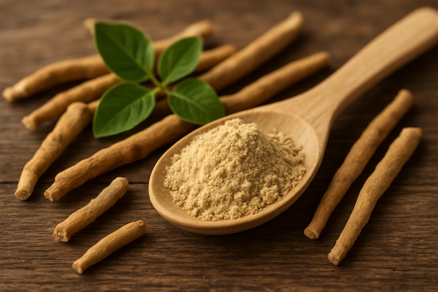 Egy fakanálon ashwagandha por található, körülötte ashwagandha gyökerek és zöld levelek.