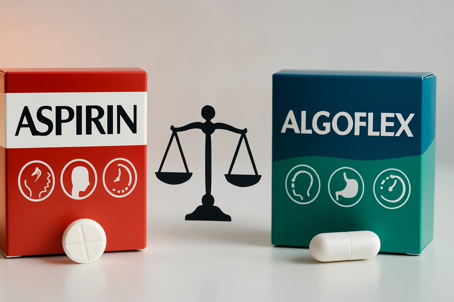 Két gyógyszer doboza, az Aspirin és az Algoflex, egy mérleg szimbólummal.