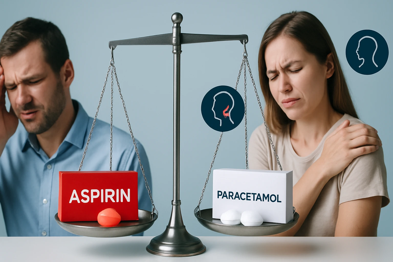 Egy férfi és egy nő fájdalommal küzd, miközben az aszpirin és a paracetamol súlyát mérlegelik.