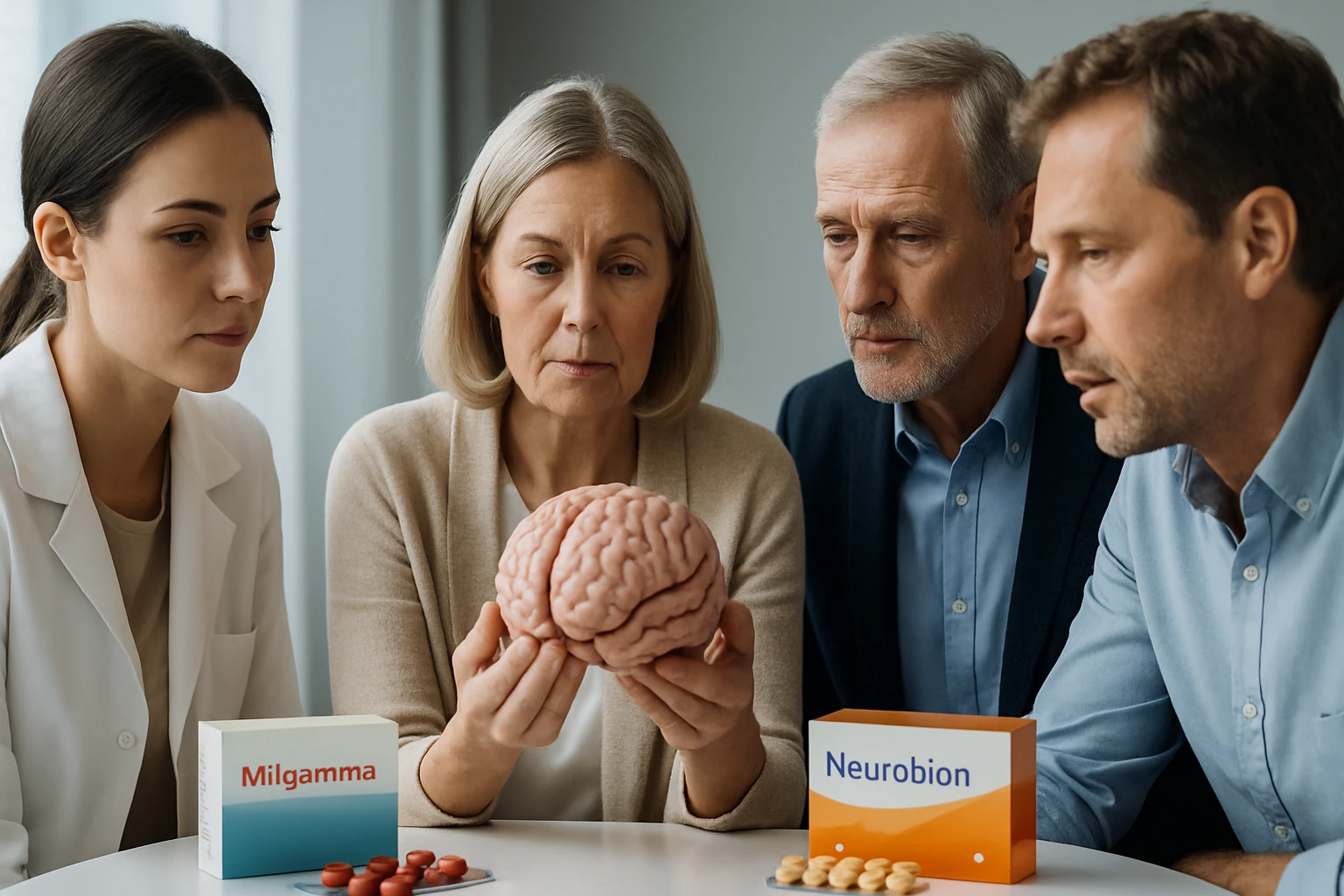 Négy felnőtt, köztük egy orvos, egy agymodellt vizsgál, miközben vitaminokat tartanak a kezükben.