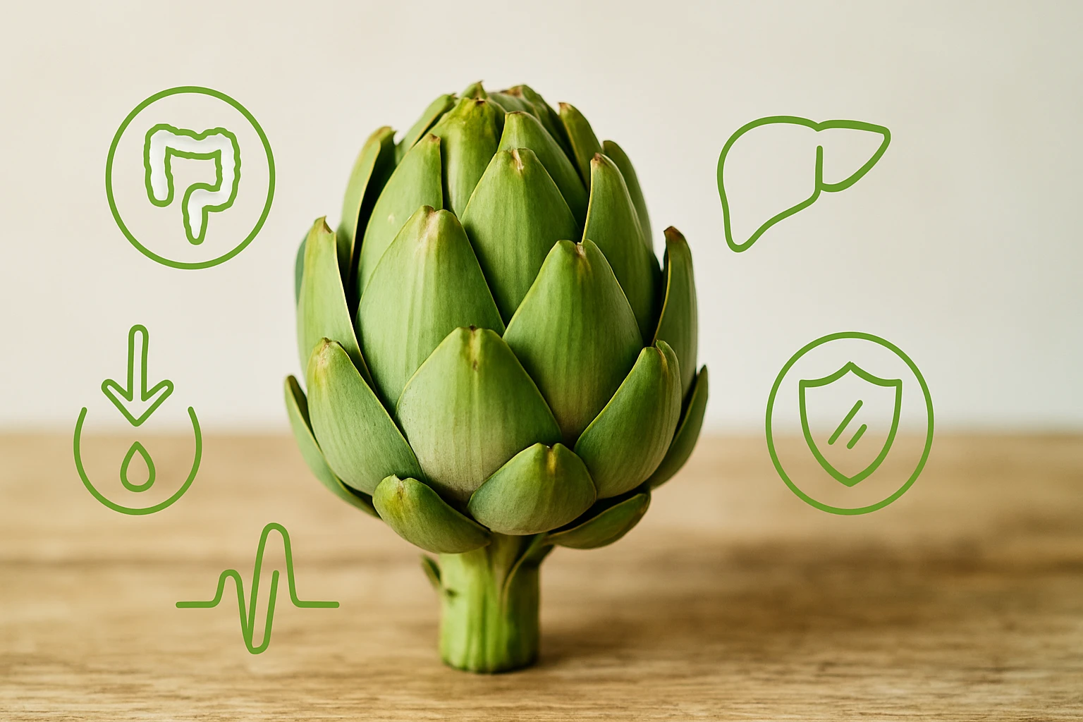 Egy friss articsóka, körülötte egészségügyi ikonok, mint a máj és a bél.