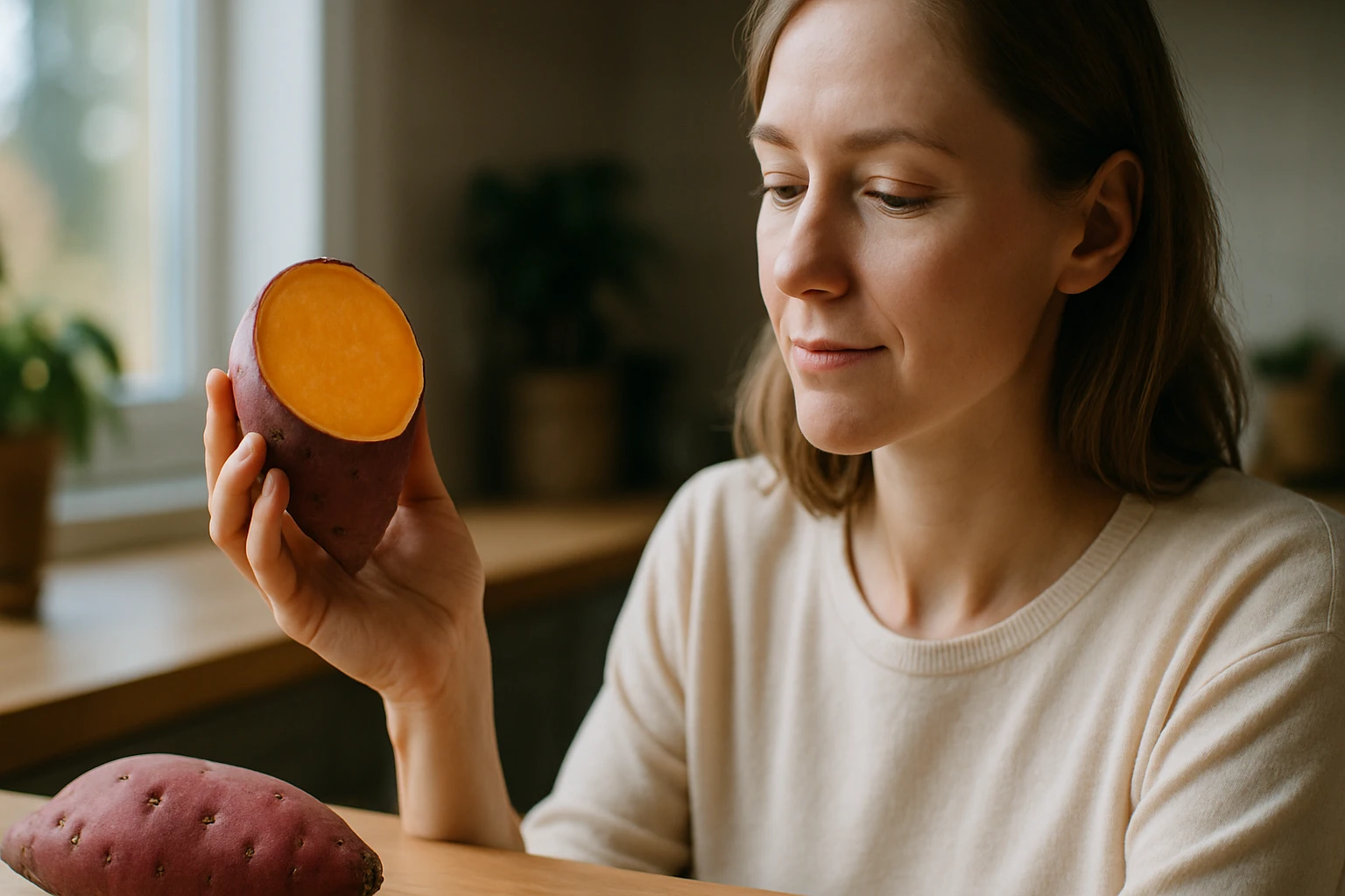 Egy nő édesburgonyát tart a kezében, figyelmesen nézi a belsejét.
