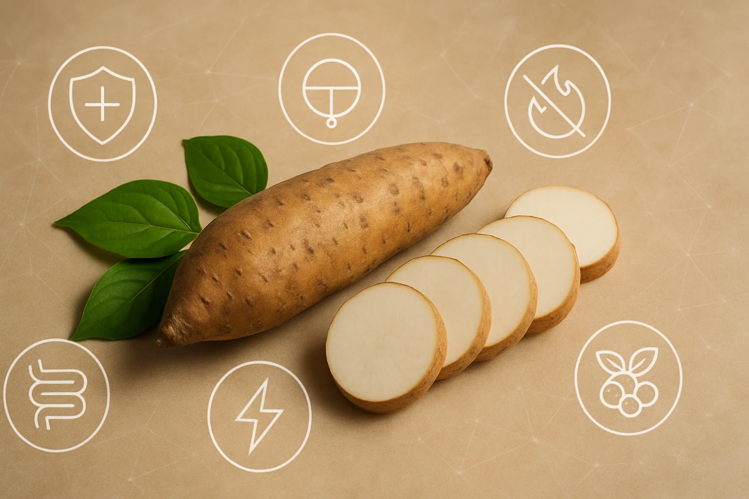 Egy édesburgonya, friss levelekkel, szeletekre vágva, egészségi előnyökkel.