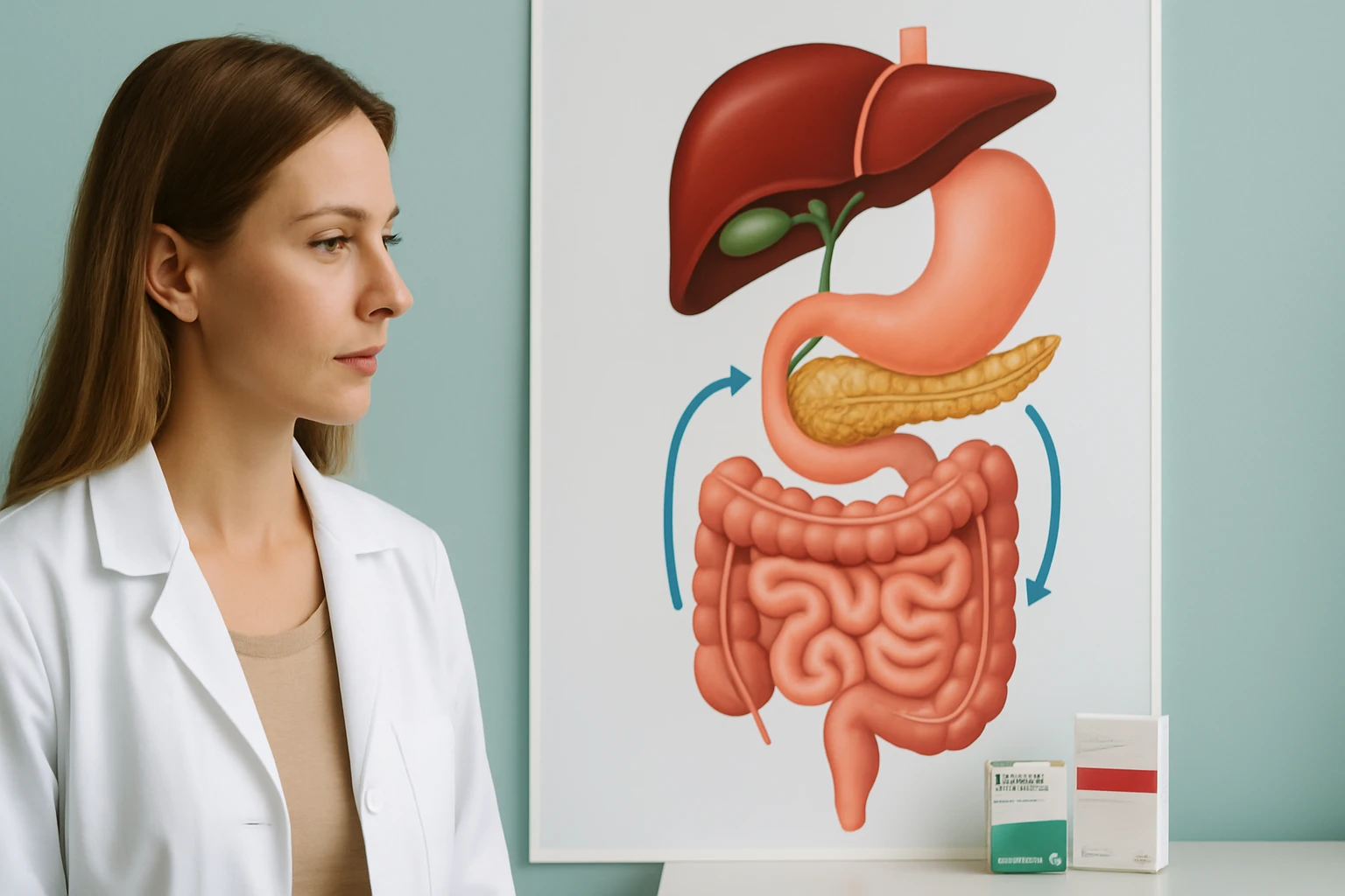 Egy orvos nő figyel egy emésztési folyamatokat bemutató poszterre.