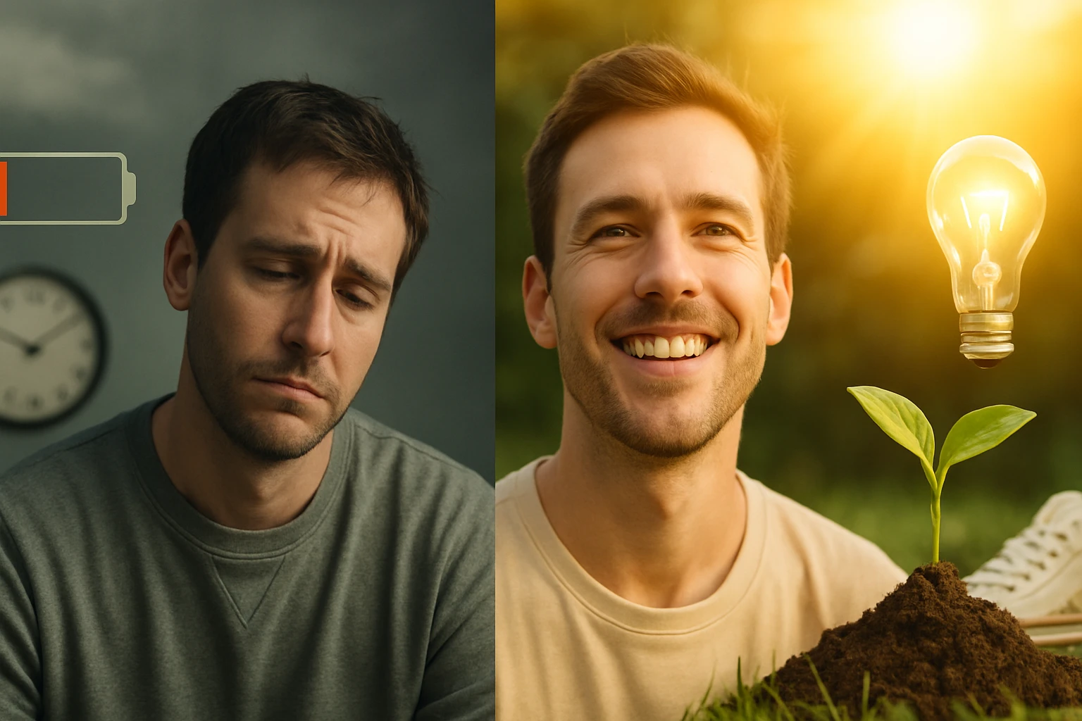 Két férfi arca, az egyik szomorú, a másik boldog, növény mellett.