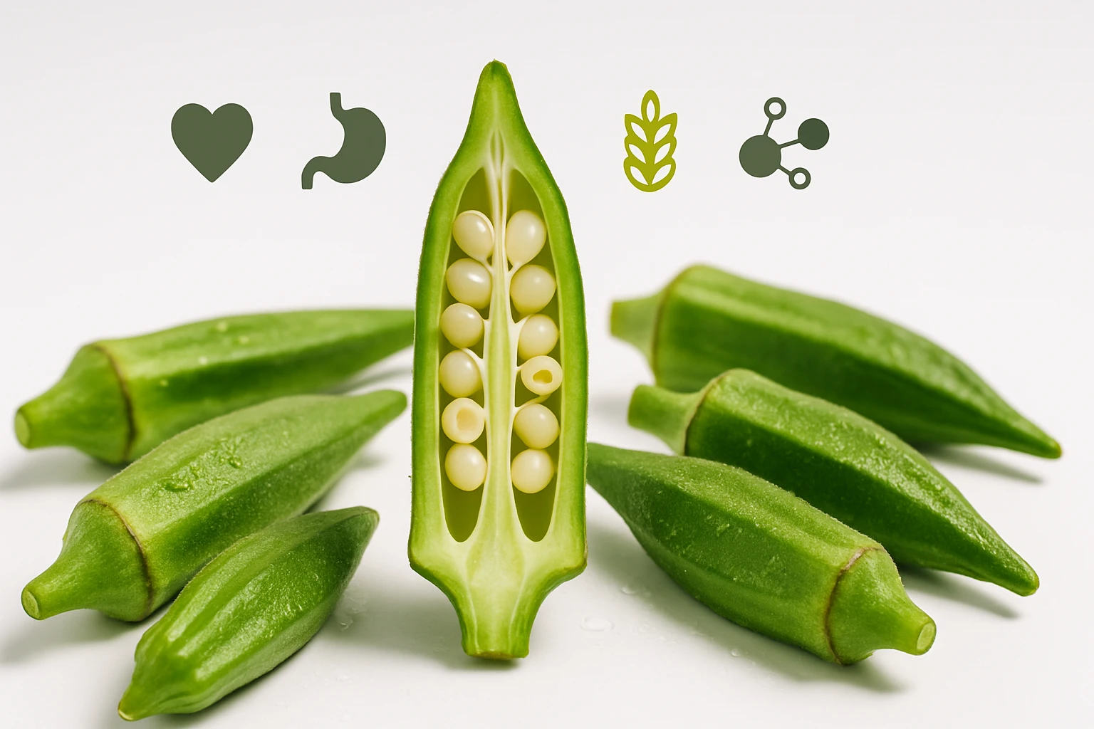 Friss zöld okra hüvelyek, egy félbevágott okra belsejével, fehér magokkal.