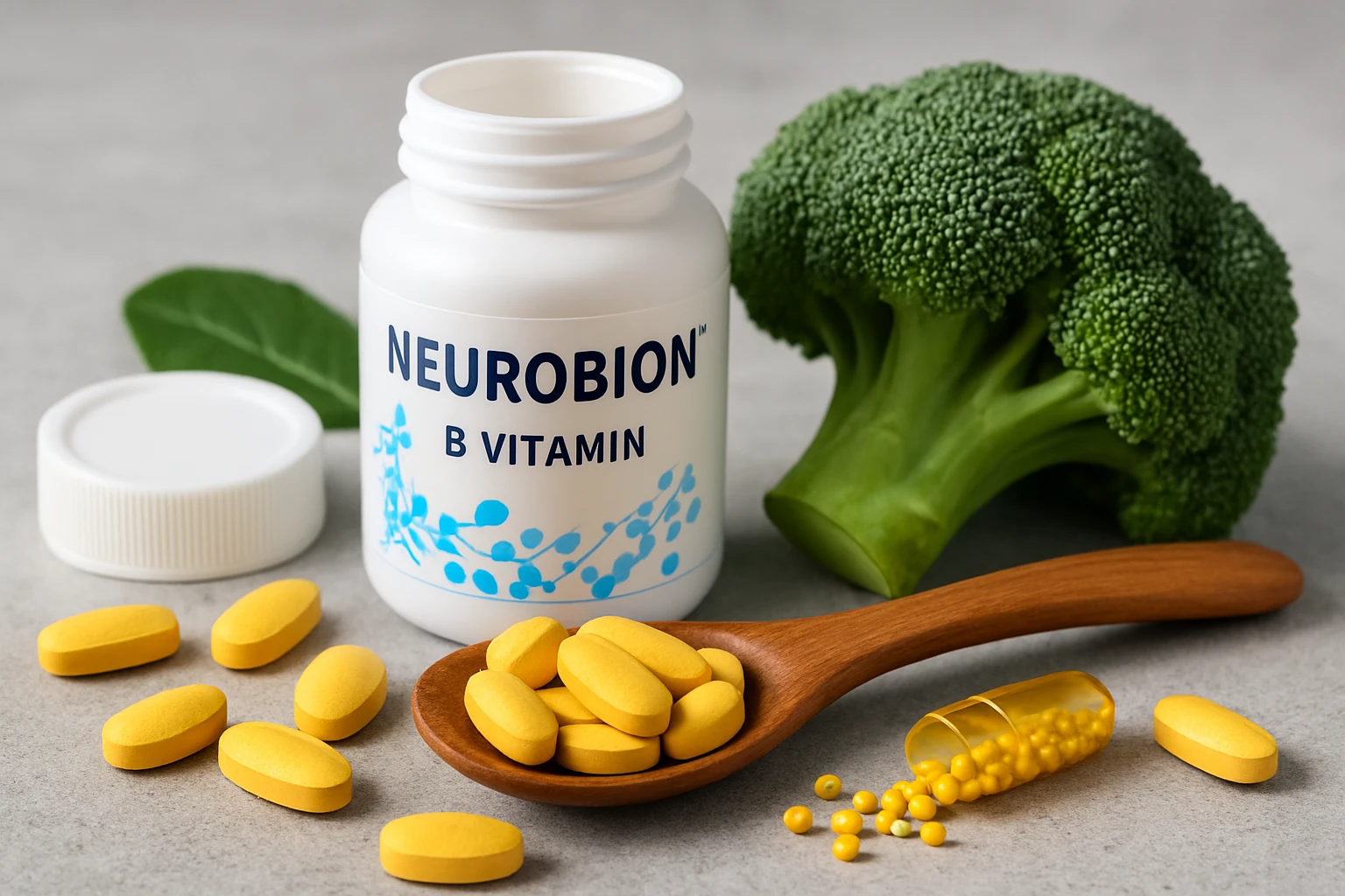 Egy üveg B-vitamin tabletta, sárga kapszulák és brokkoli látható.