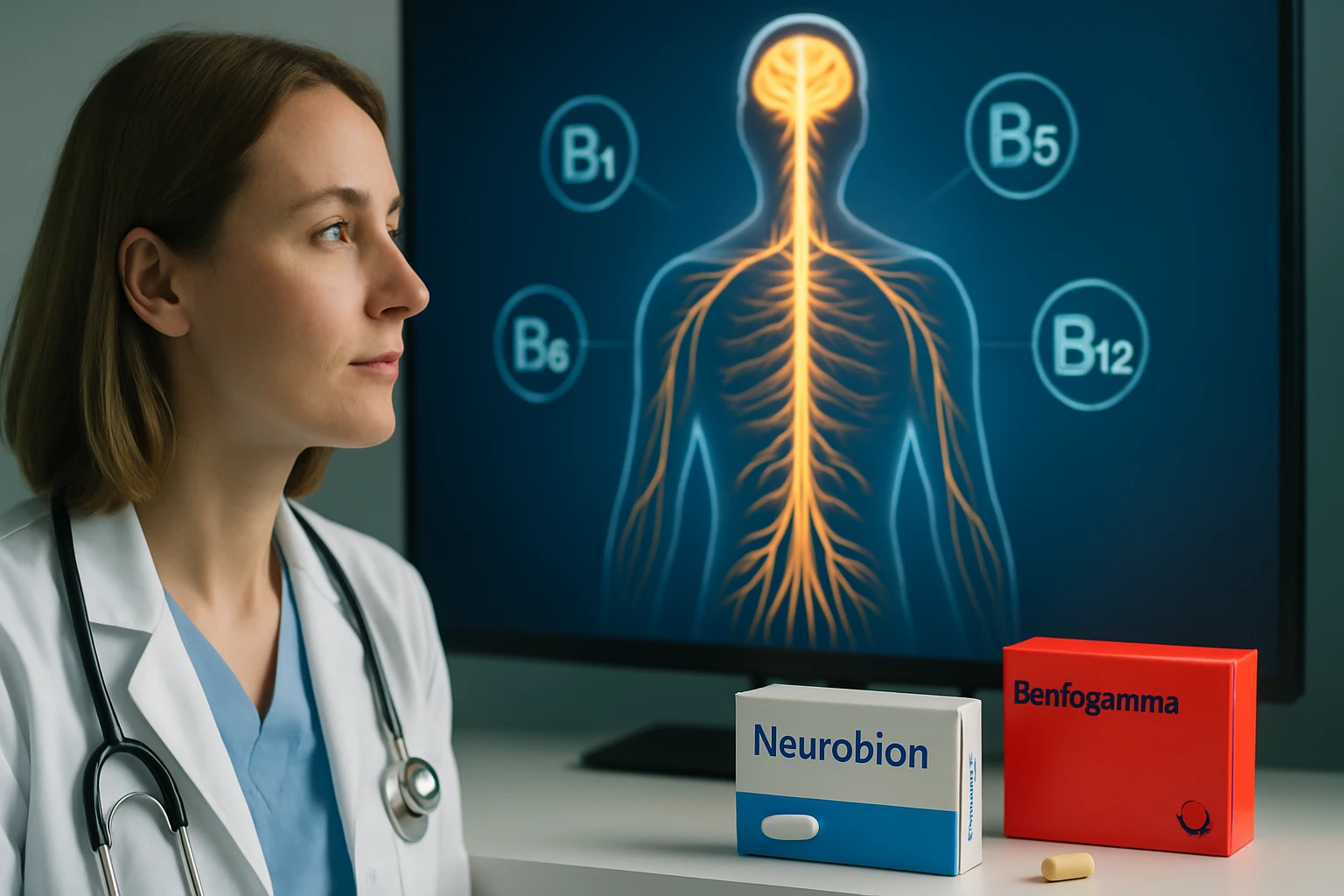 Egy orvos figyelmesen néz egy monitorra, amelyen az idegrendszer és B-vitaminok láthatók.
