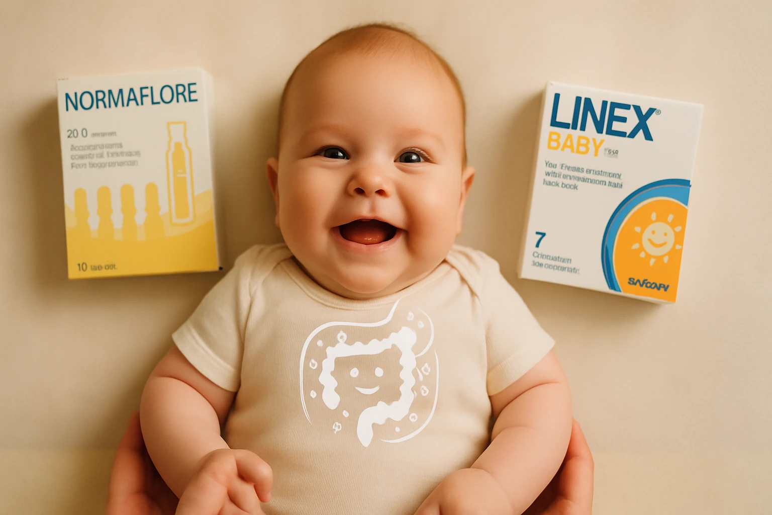 Mosolygó baba, mellette Normaflore és Linex Baby termékek.