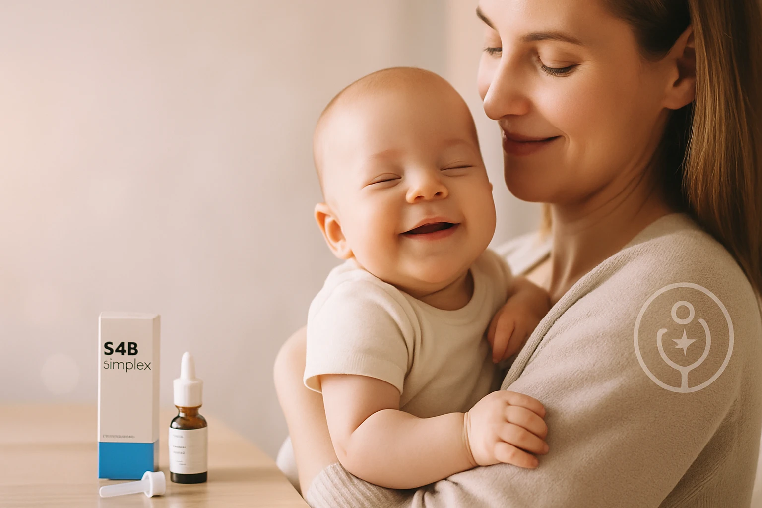 Egy mosolygó baba az édesanyja karjaiban, mellette egészségügyi termékekkel.