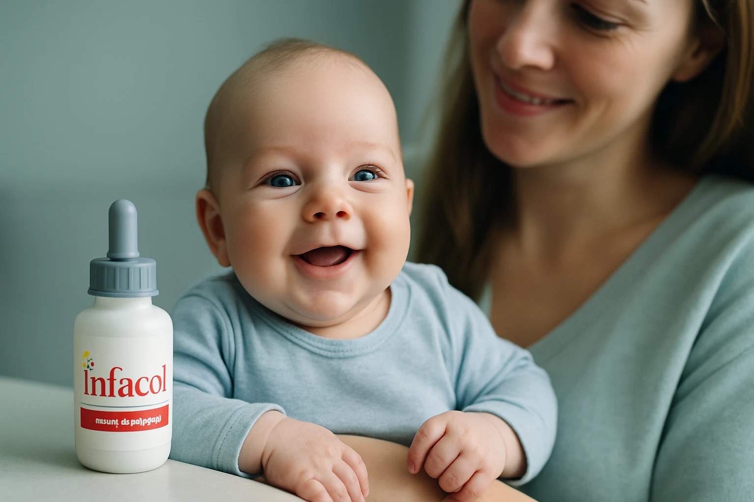 Egy mosolygó baba ül egy asztalnál, mellette Infacol üveg.