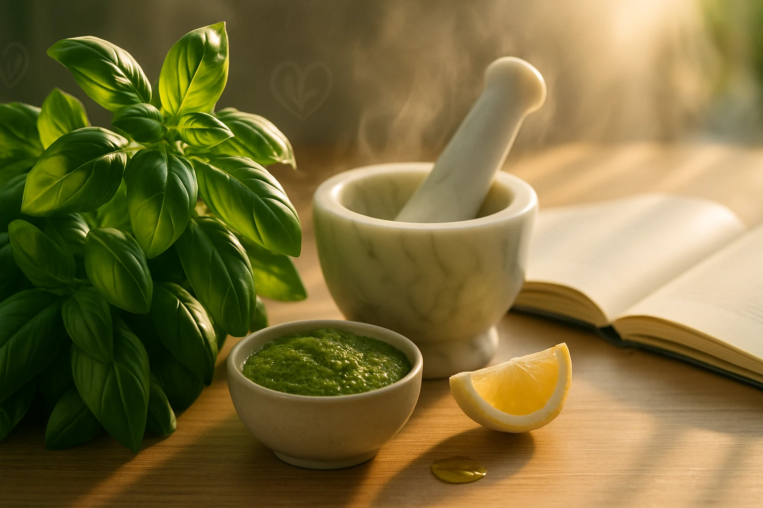 Friss bazsalikom, mozsár, pesto és citromszelet egy asztalon.