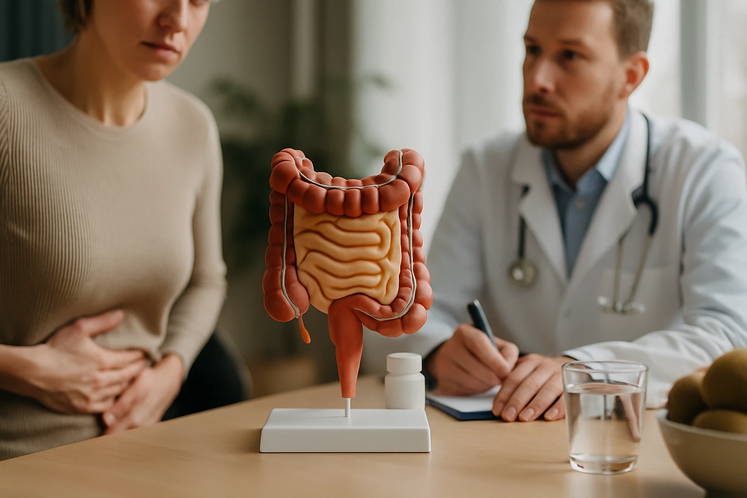 Egy nő fájdalmas arccal ül a doktor előtt, aki a bélmodellt vizsgálja.