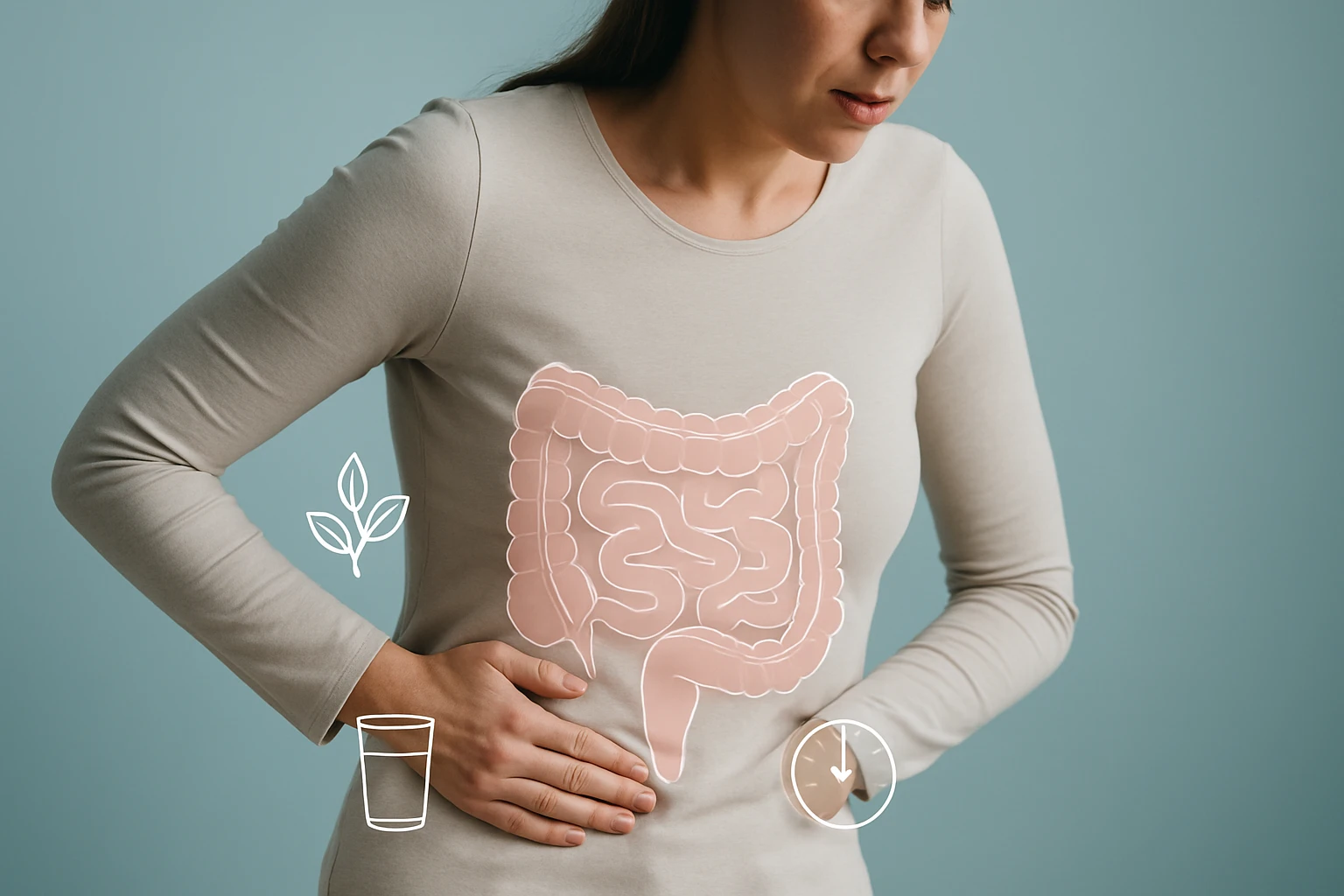 Egy nő fájdalmas arccal, kezével a hasán, a bélrendszer ábrázolásával.