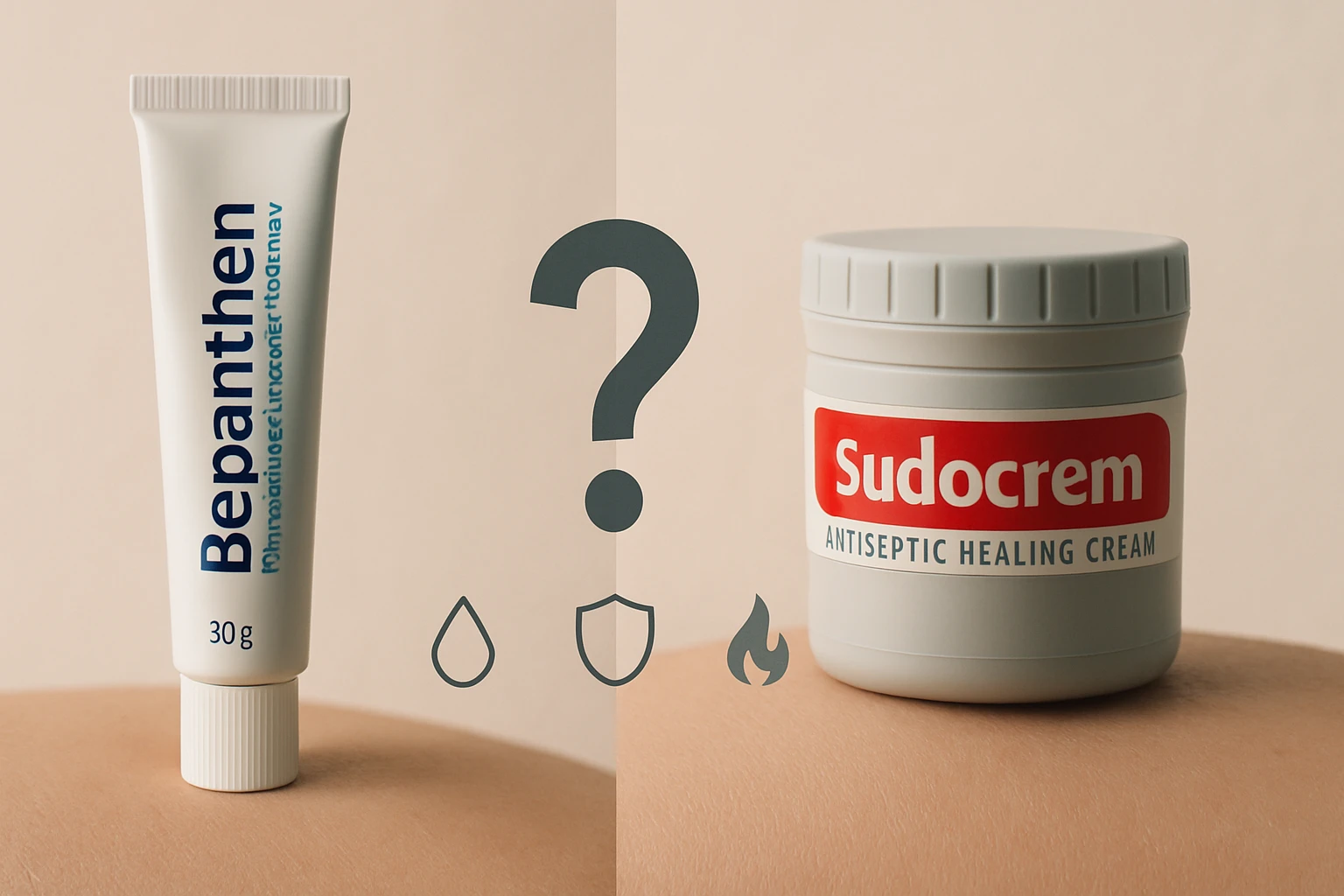 Bepanthen és Sudocrem krémek, bőrgyógyászati használatra, egy bőrön.