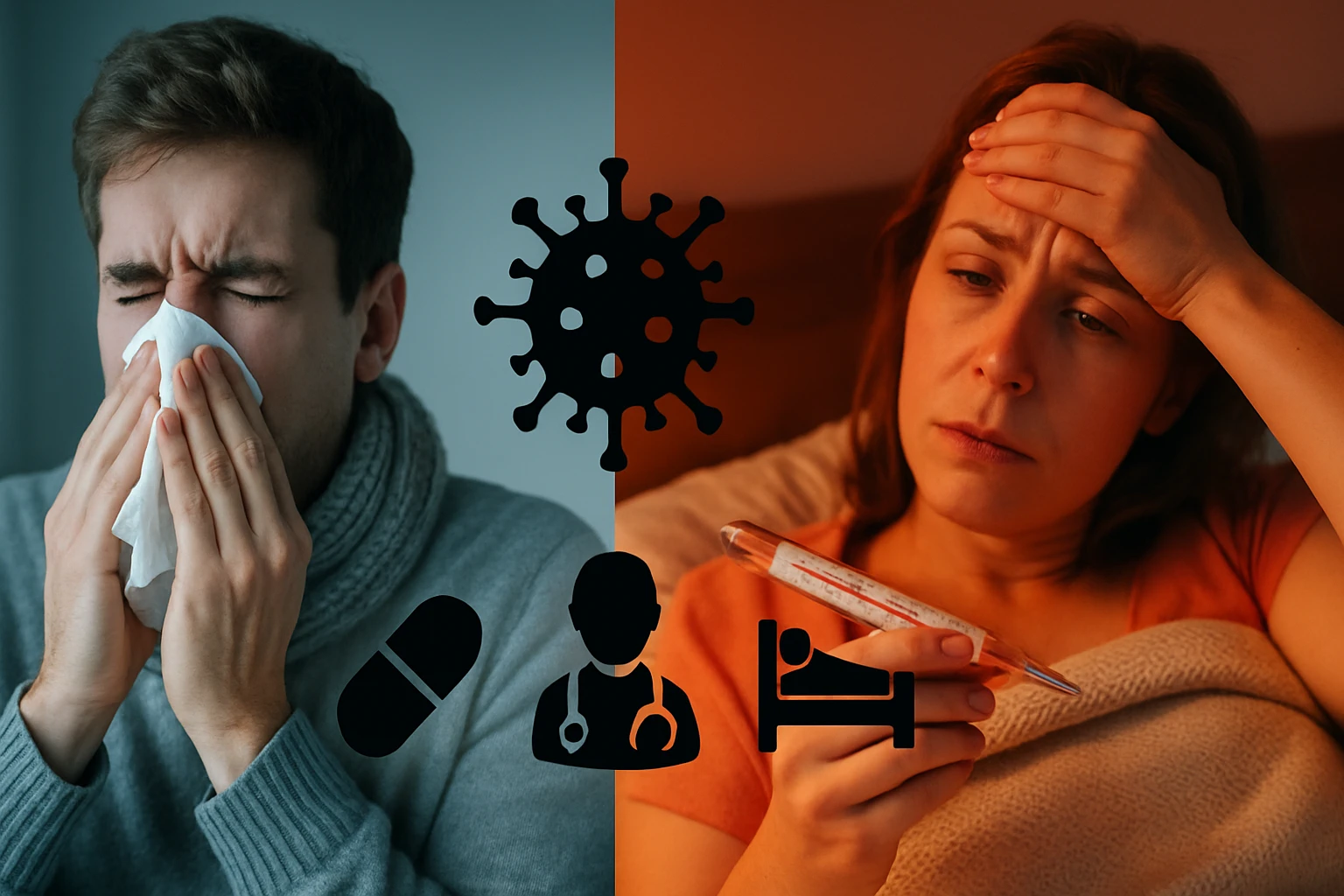 Két beteg ember, az egyik orrot fúj, a másik lázát méri.
