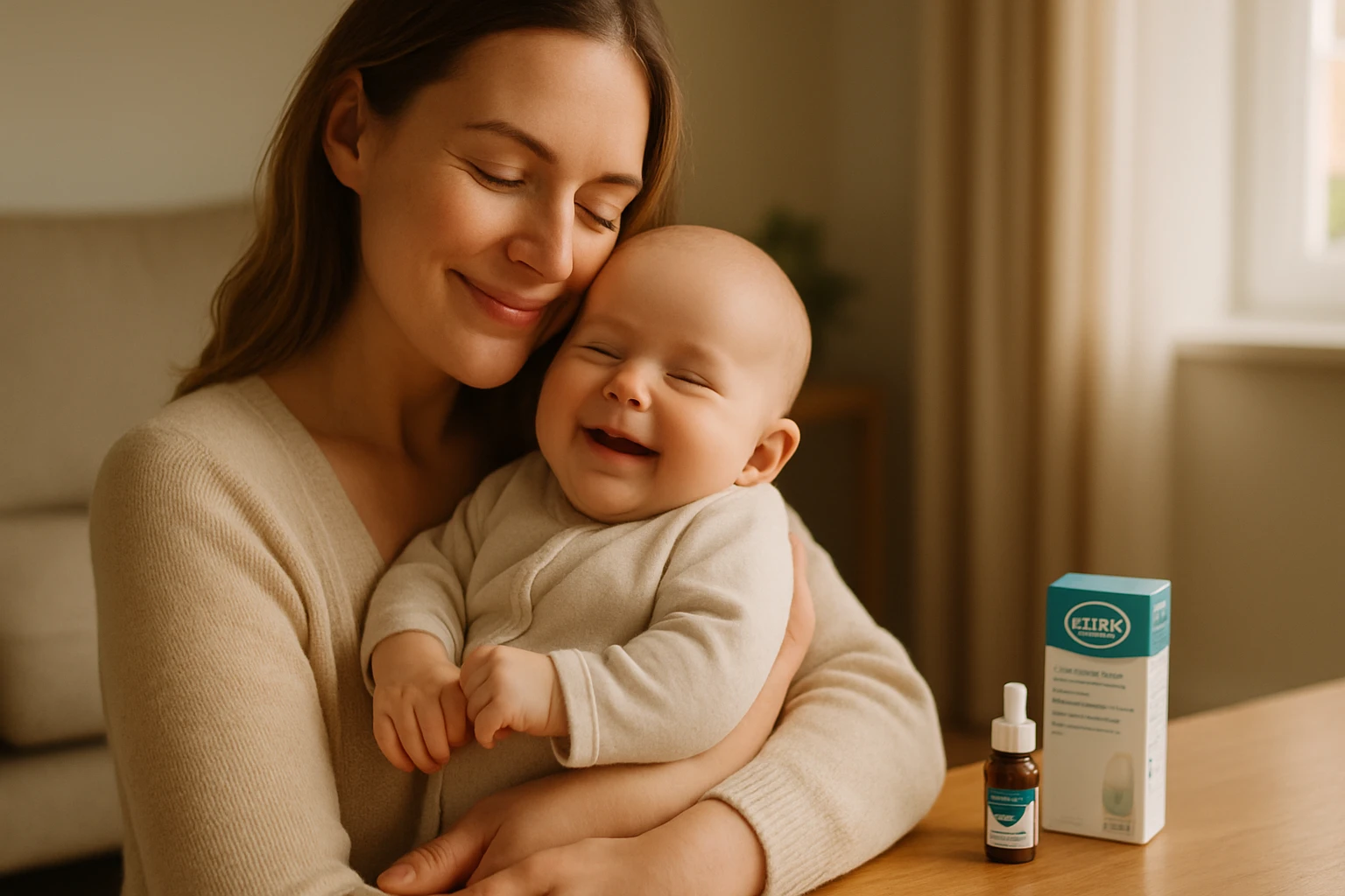 Egy édesanya ölelésében mosolygó csecsemő, az asztalon egészségügyi termékekkel.