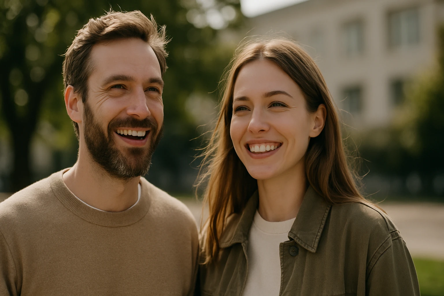 Két fiatal felnőtt, boldogan mosolyogva áll a parkban, zöld háttérrel.