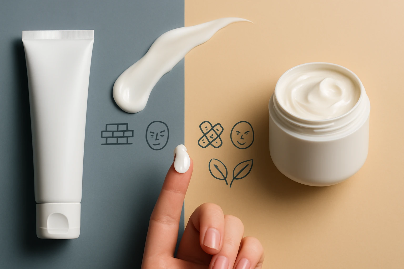 Kézkrém tubus és tégely, krémmel a kézujján, háttérben ábrák.