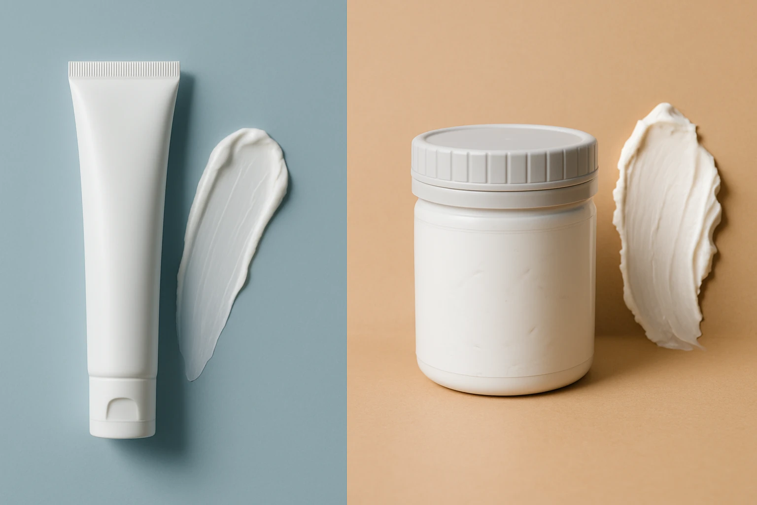 Két különböző állagú bőrápoló krém, tubusban és tégelyben, fehér színben.