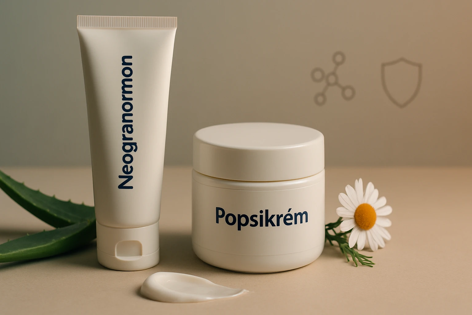 Két bőrápoló termék, popsikrémet és krémet tartalmazó tubus, aloe vera levél mellett.