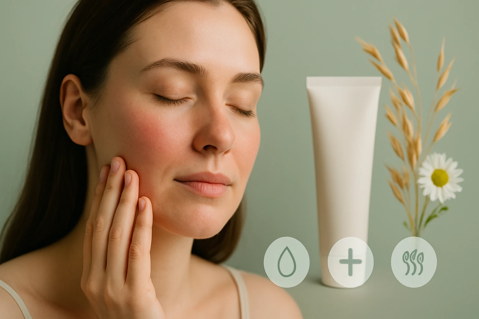 Egy nő az arcát simogatja, mellette egy krémcső és növények láthatók.