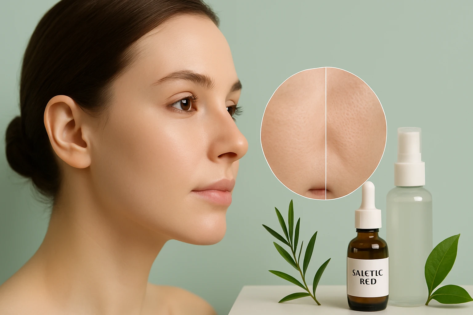 Egy fiatal nő profilja, bőrápoló termékekkel és növényekkel.