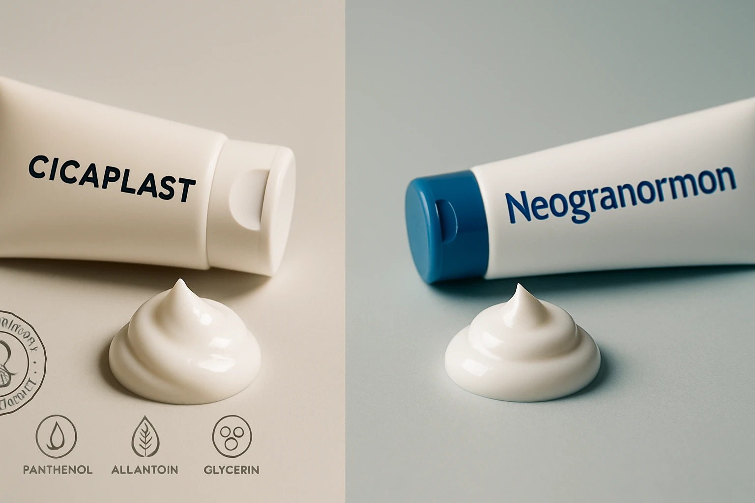 Két különböző bőrápoló krém tubusa, fehér és kék kupakkal, krémes állagú tartalommal.