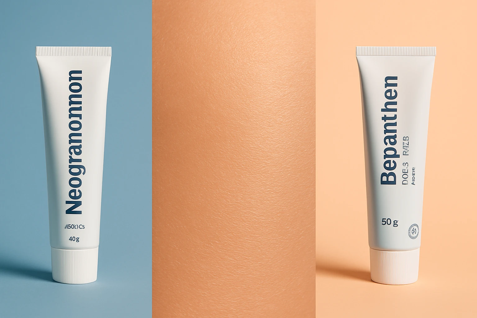 Két különböző krémcső, Neogranormon és Bepanthen, világos háttér előtt.