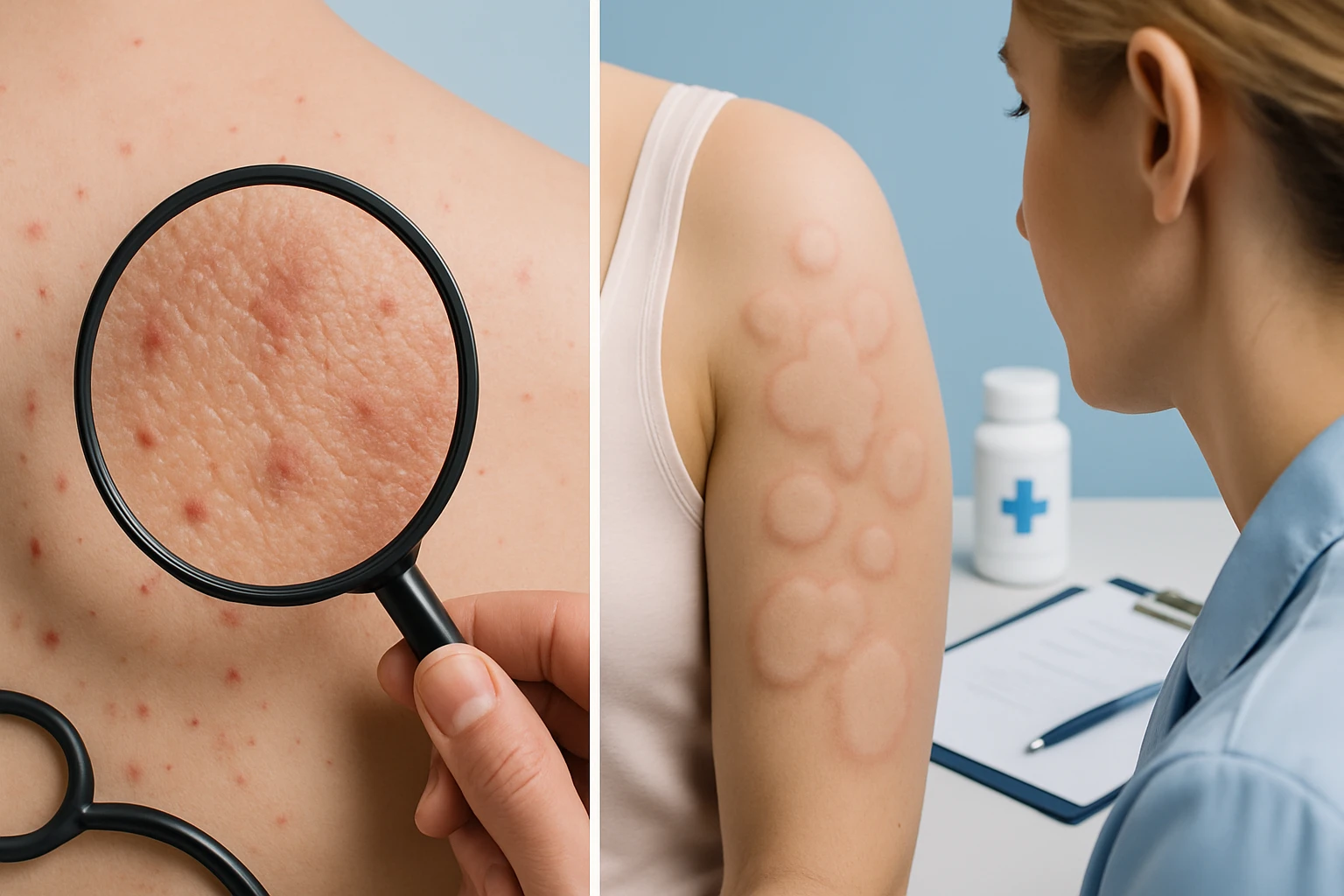 Közeli kép a bőrön lévő pattanásokról és bőrgyógyászati vizsgálatról.