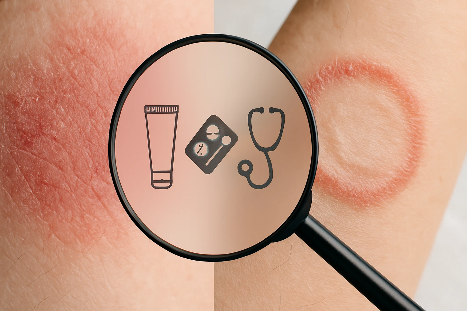 Közelkép egy bőrirritációról, mellette orvosi eszközök ikonjaival.