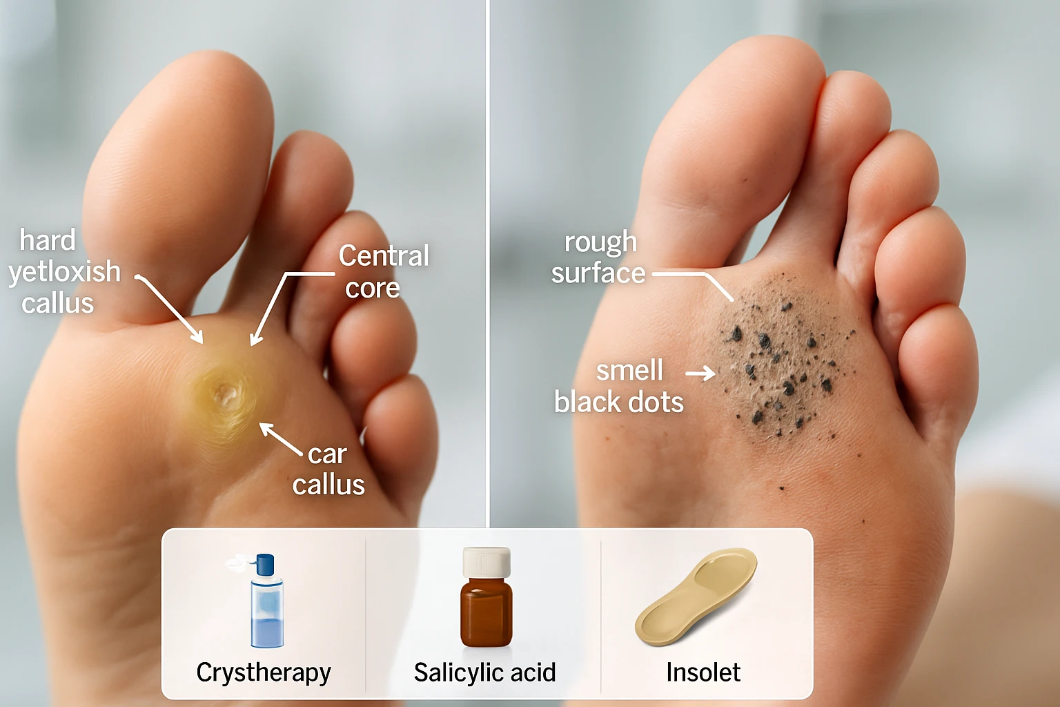 Két lábujj közötti területen megjelenő bőrkeményedések és fekete pöttyök.