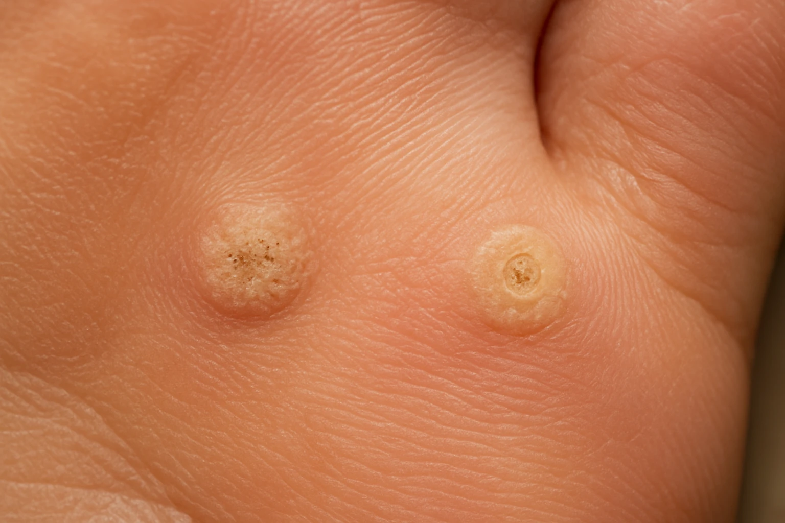 Két bőrkinövés látható egy emberi talpon, világos háttérrel.