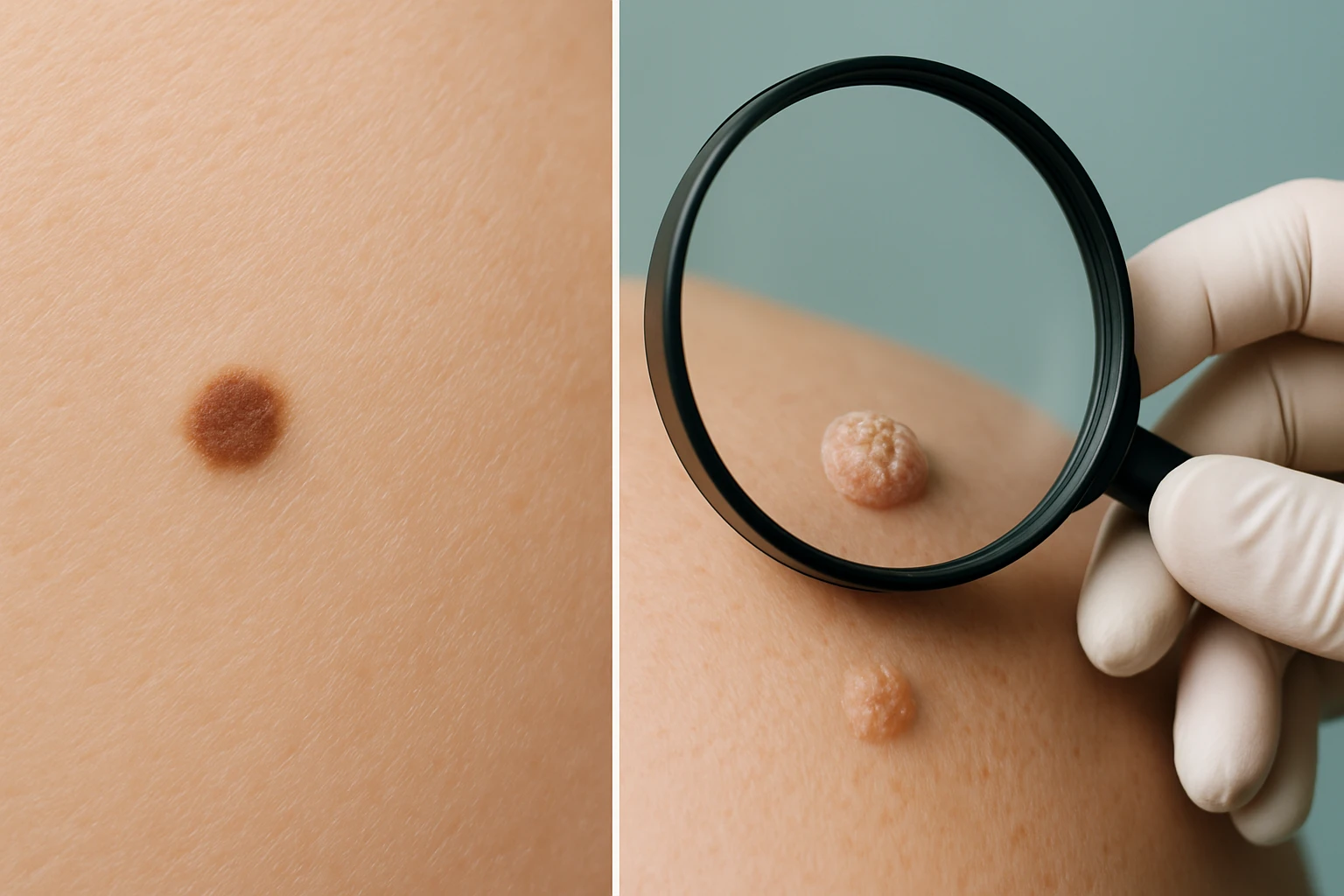 Két bőrkinövés látható, az egyik barna, a másik világosabb színű, nagyítva.