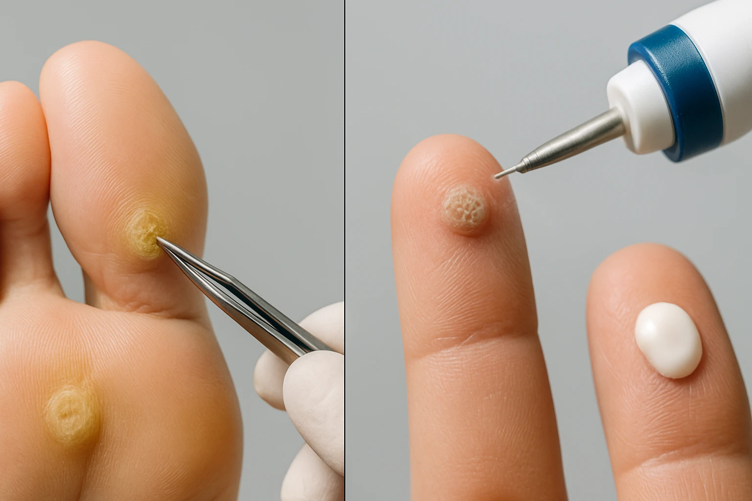 Két kézujjon lévő bőrkinövések kezelése orvosi eszközökkel.