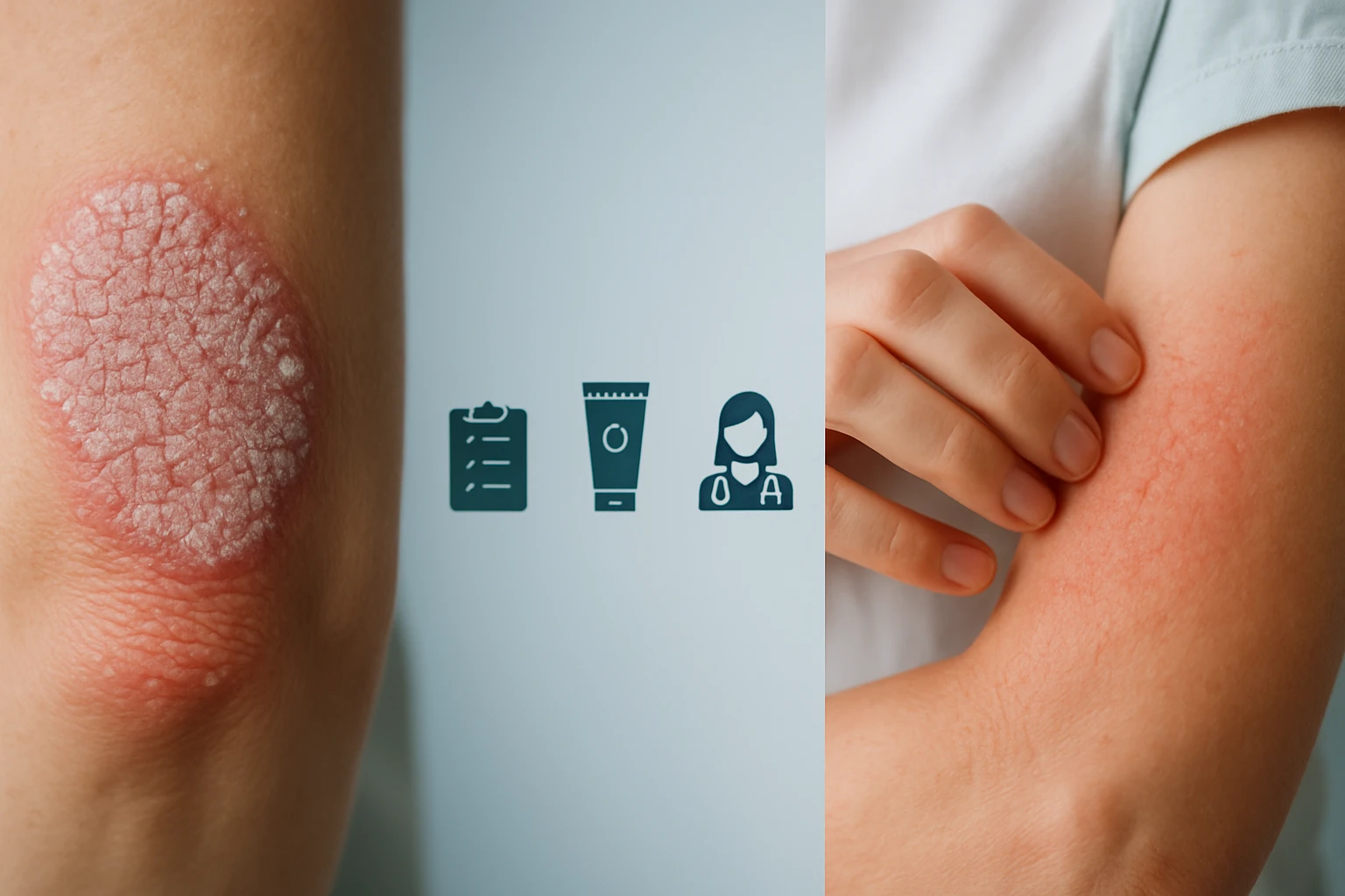 Egy bőrproblémával küzdő kar, pikkelysömör jeleivel és orvosi eszközökkel.