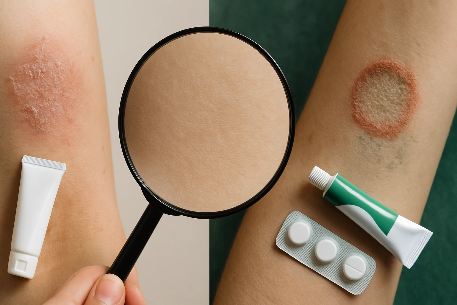 Két kar, az egyik bőrén hámló folt, a másikon kör alakú elszíneződés látható, mellette krémek és gyógyszerek.