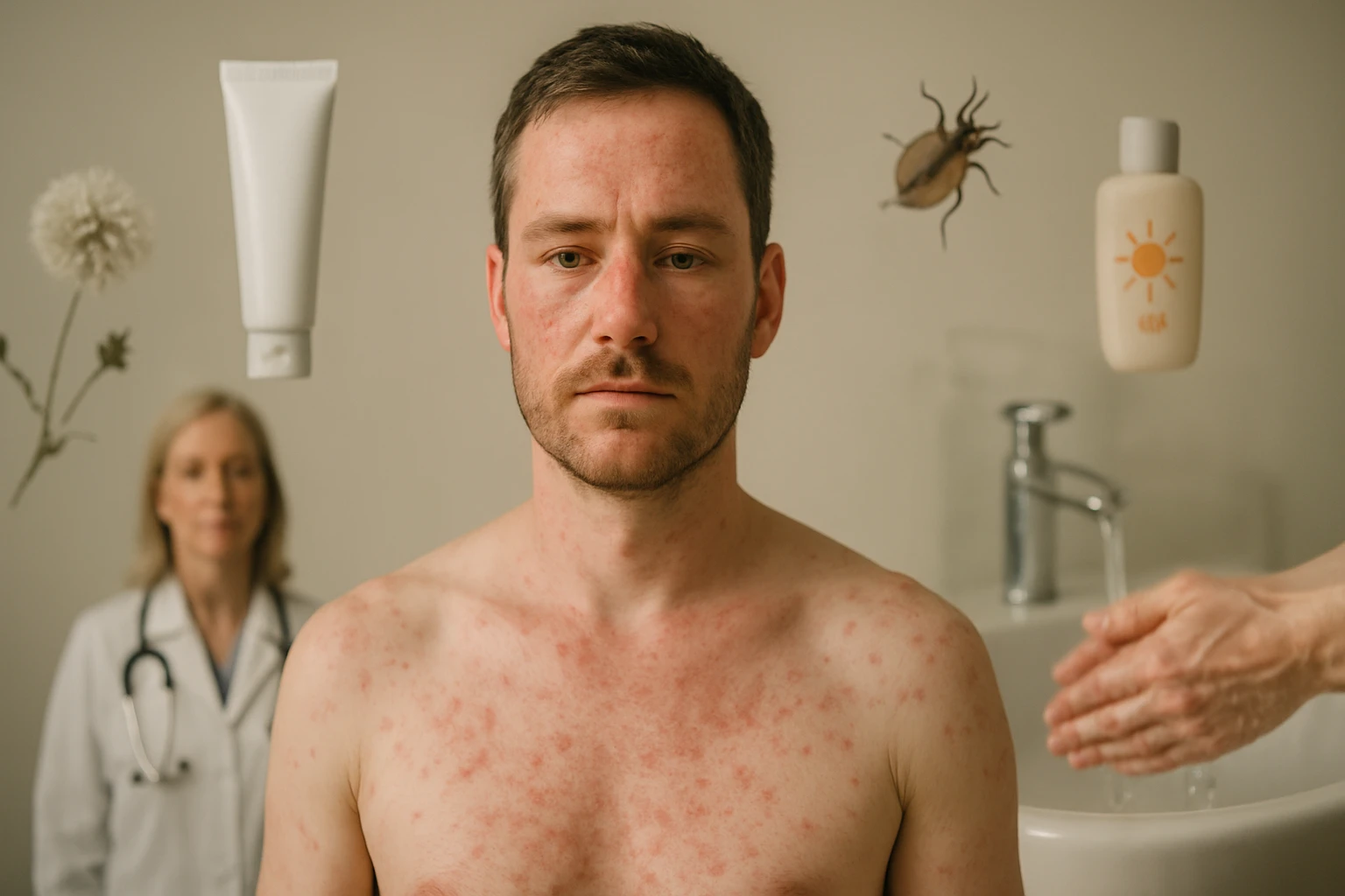 Egy férfi, akinek bőre piros foltokkal borított, orvosi vizsgálaton ül.