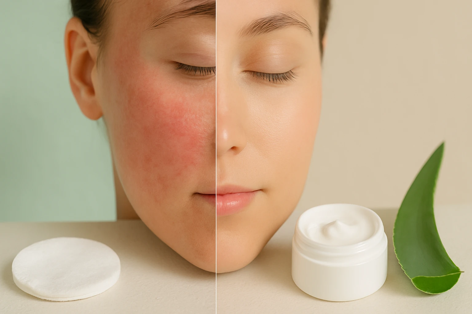 Egy nő arca, bal oldalon piros bőrrel, jobb oldalon sima, egészséges bőrrel.